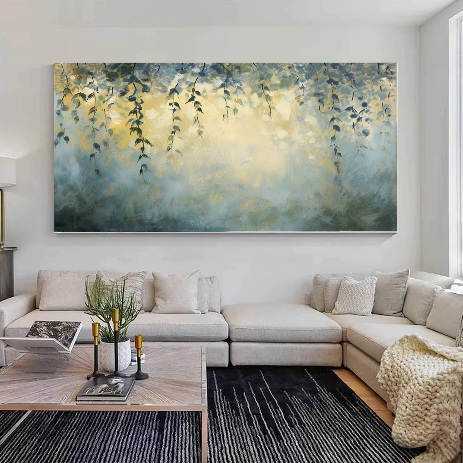 Abstract Blue & Gold Hanging Vines Oil Painting #FT586
