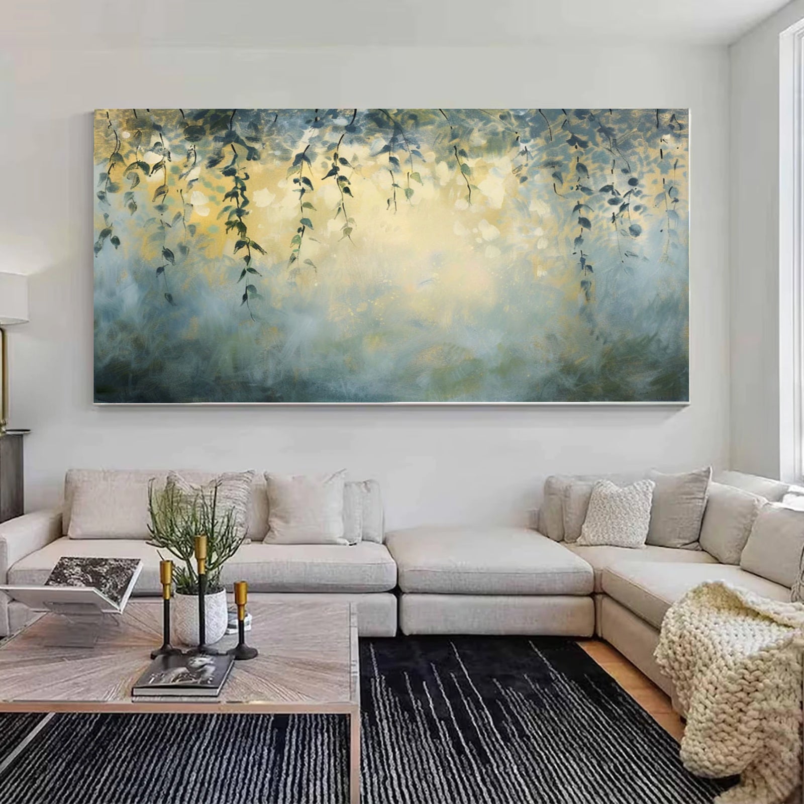 Abstract Blue & Gold Hanging Vines Oil Painting #FT586