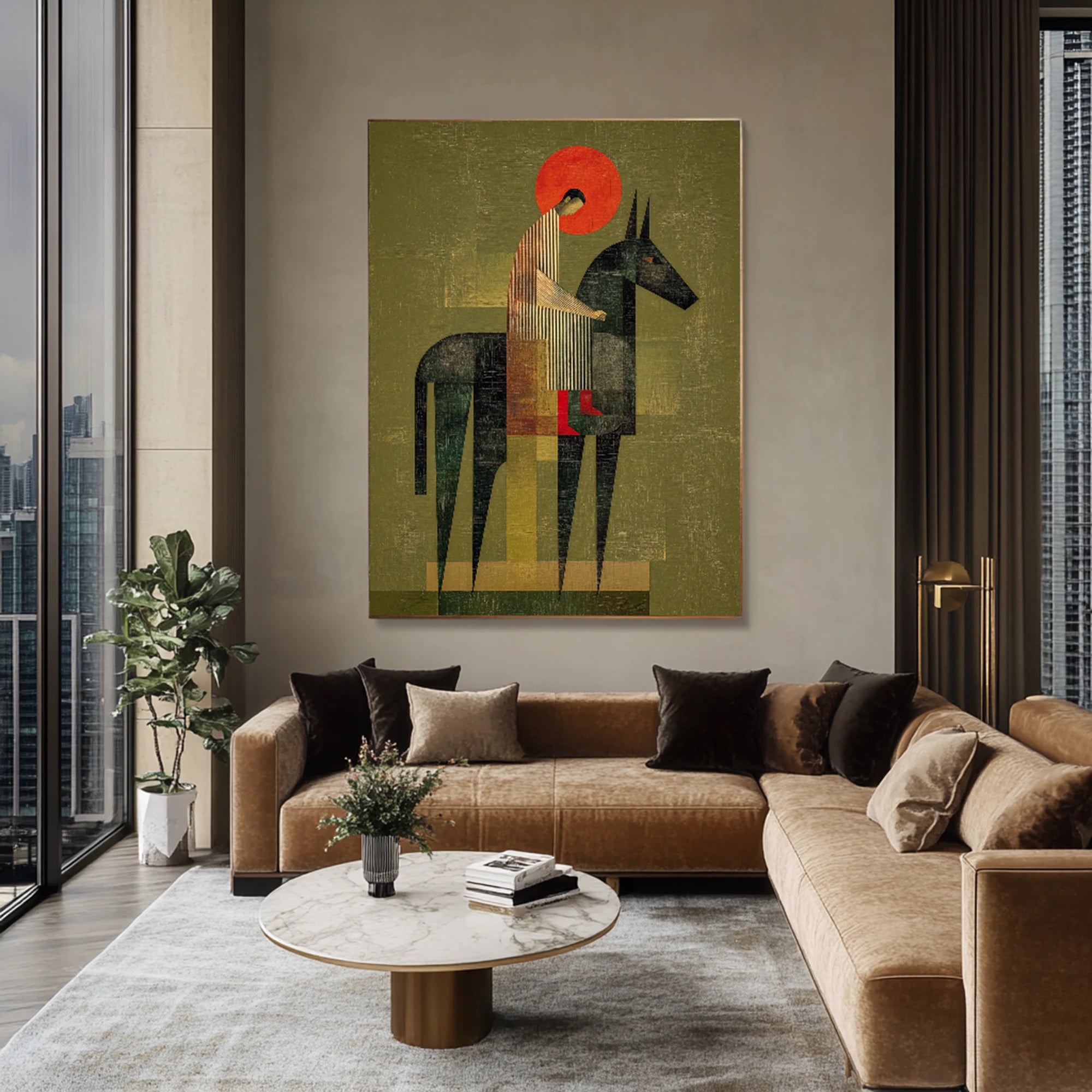 Abstract Horse Rider Painting | Earthy Green Wall Art #WA532