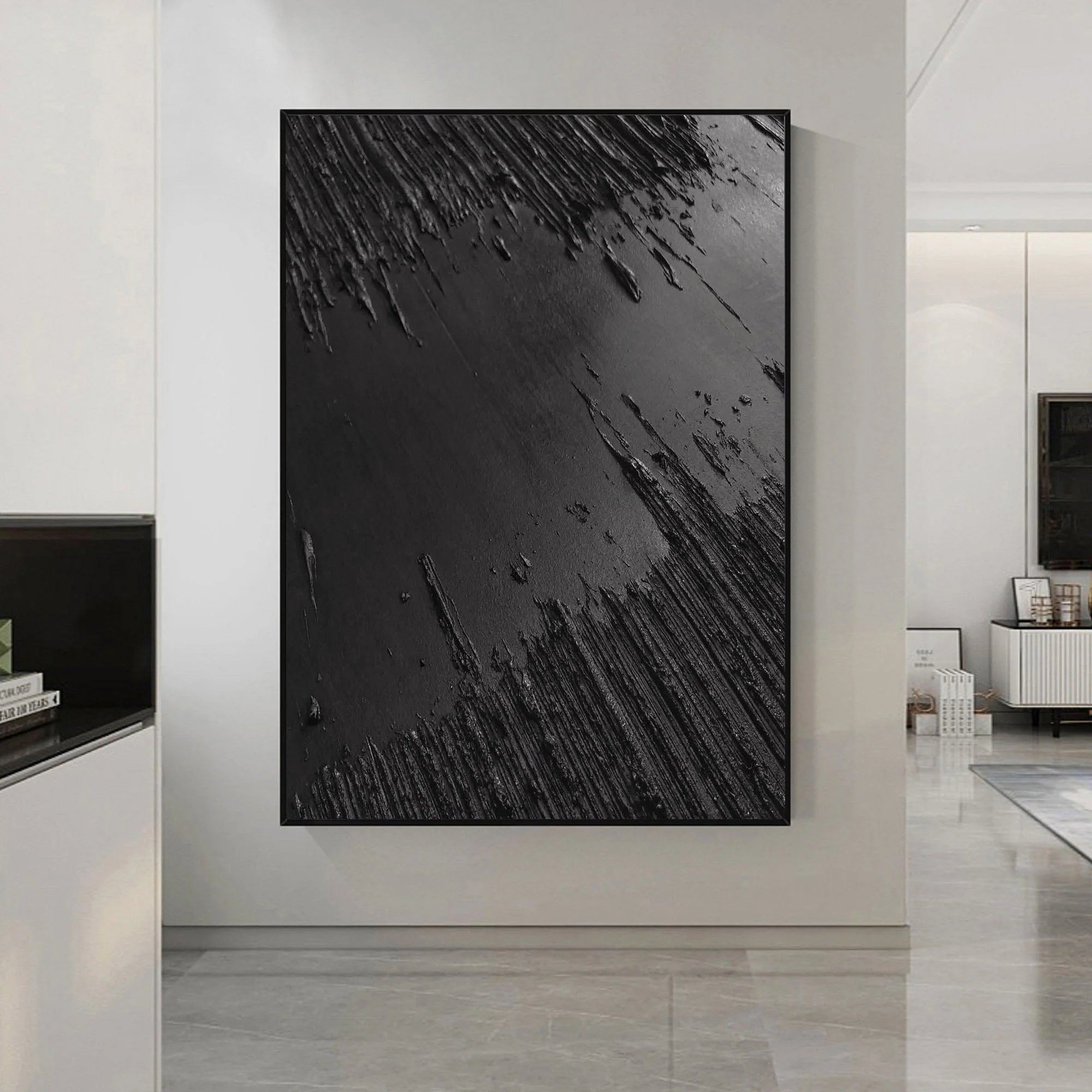 3D Textured Minimalist River Painting Total Black Canvas Wall Decor