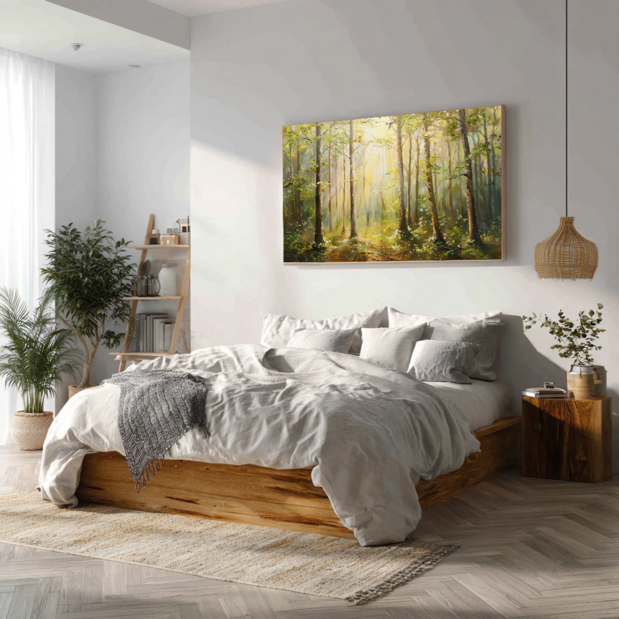 Sunlit Forest Landscape Oil Painting, Large Textured Wall Art #FT596
