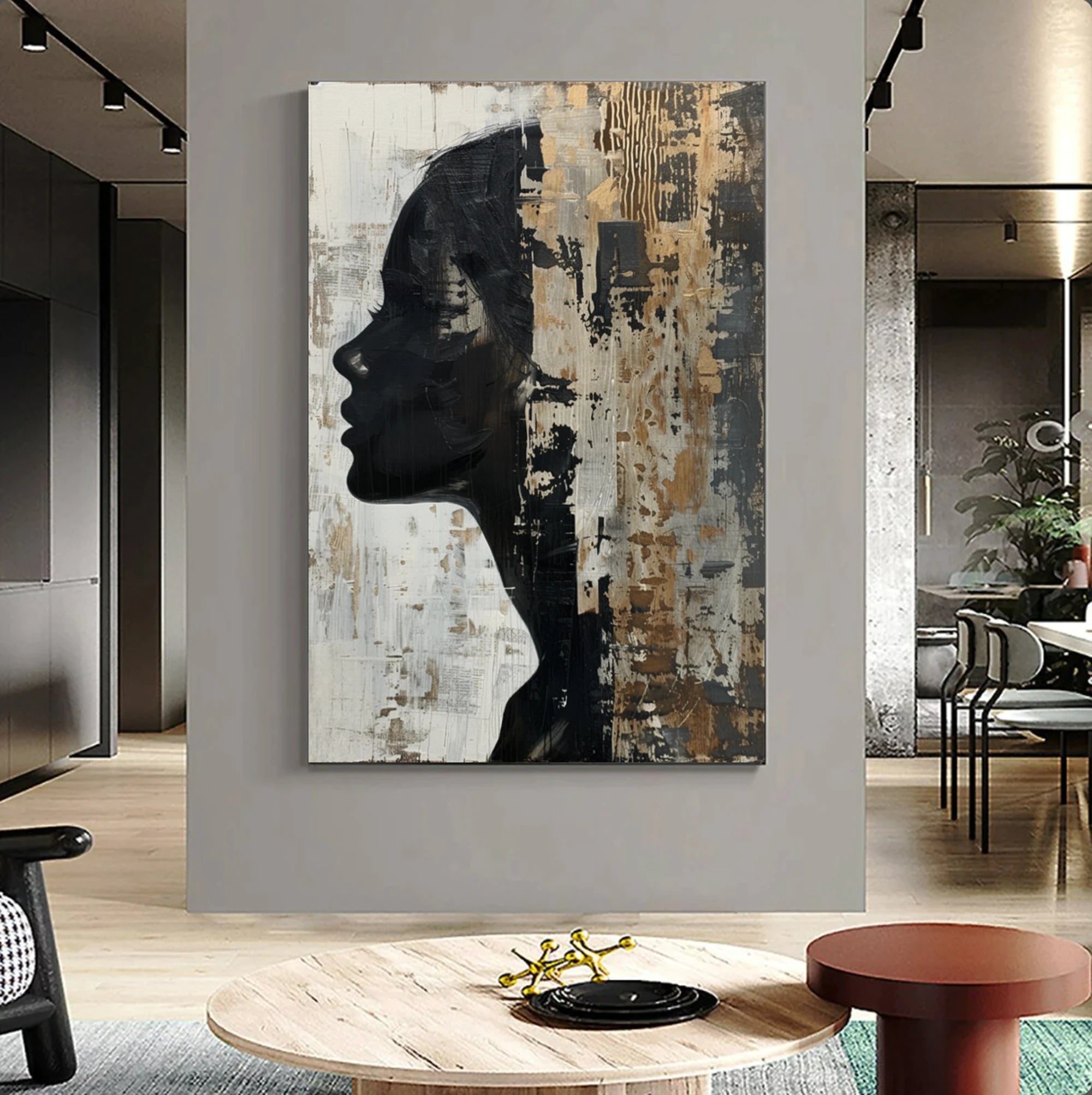 Hand-Painted Abstract Woman Silhouette Oil Painting, Black & Gold Textured Wall Art #WA513