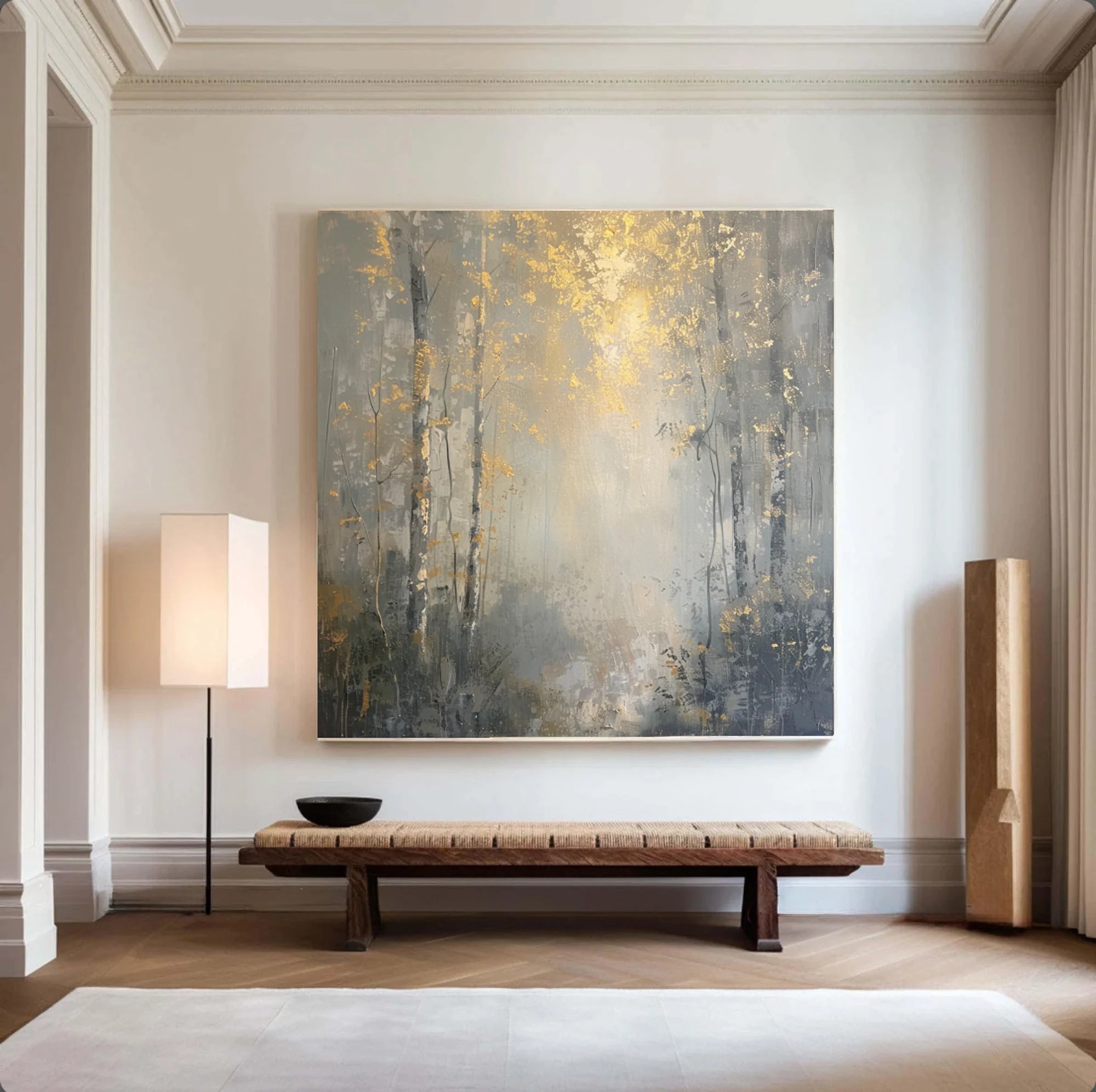Hand-Painted Gold Grey Forest Oil Painting, Abstract Tree Wall Art #FT520