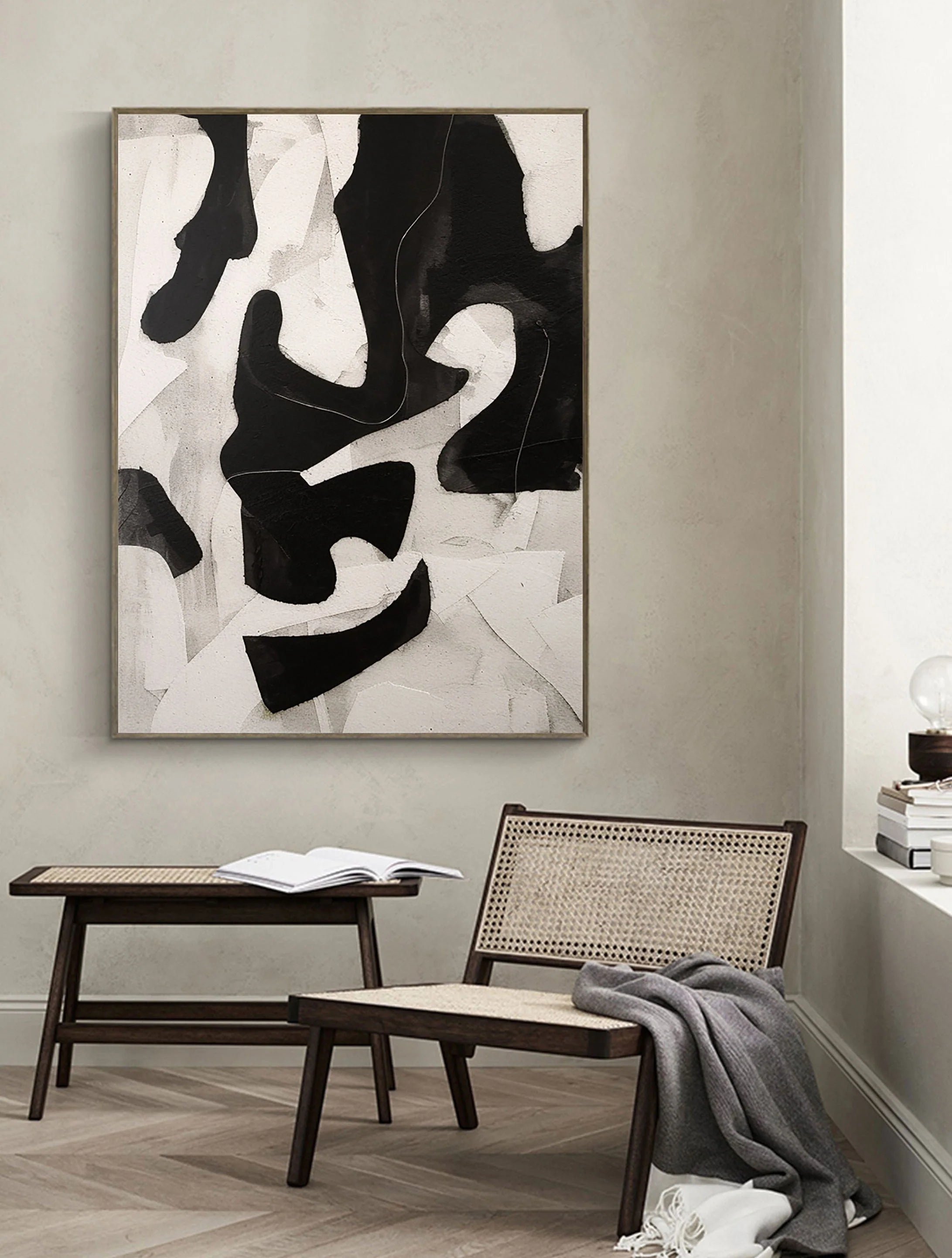 Textured Wabi Sabi Neutral Painting on Canvas Large Wall Artwork Black and Beige