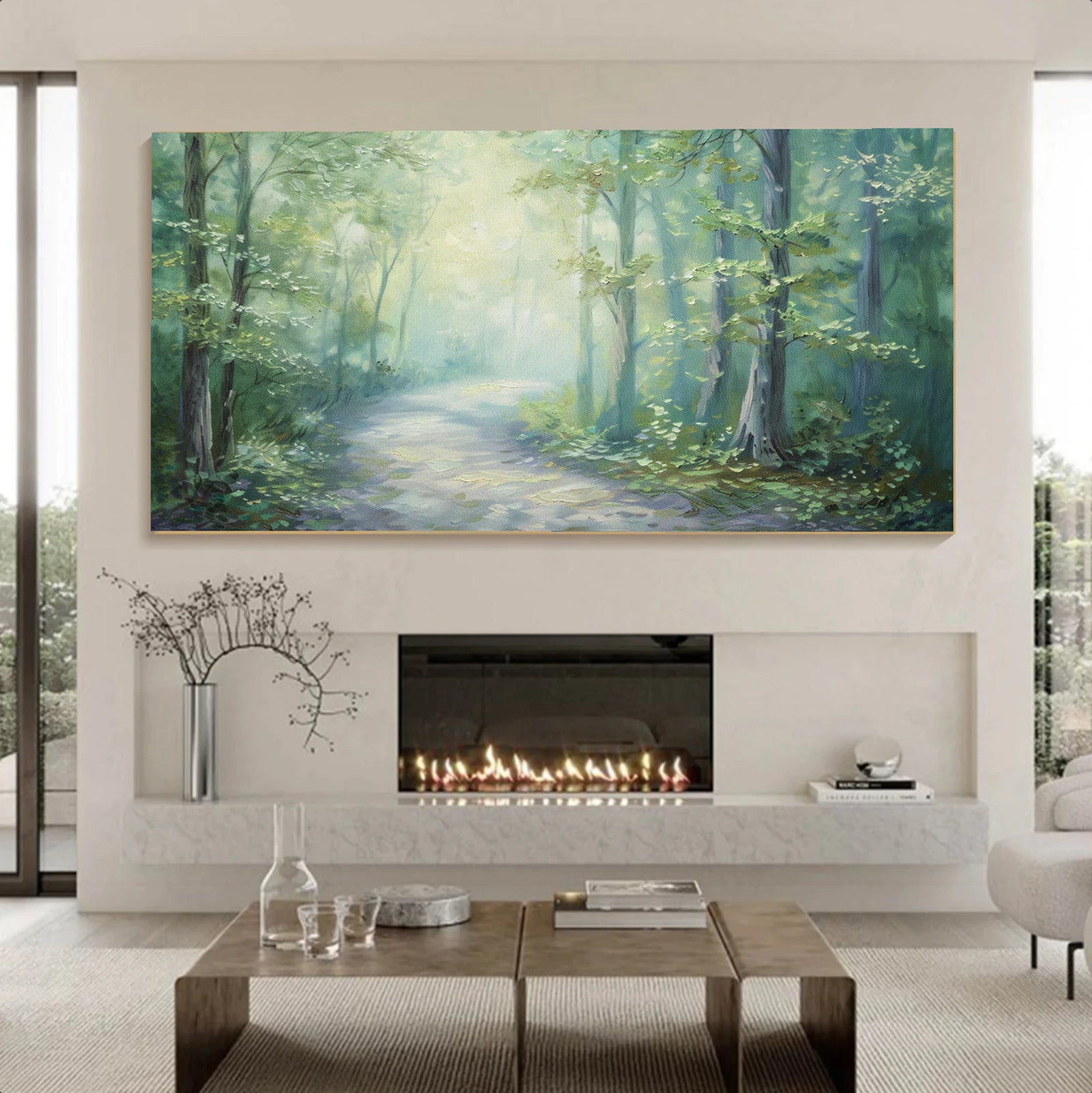 Misty Forest Path Oil Painting, Calm Green Wall Art #FT591