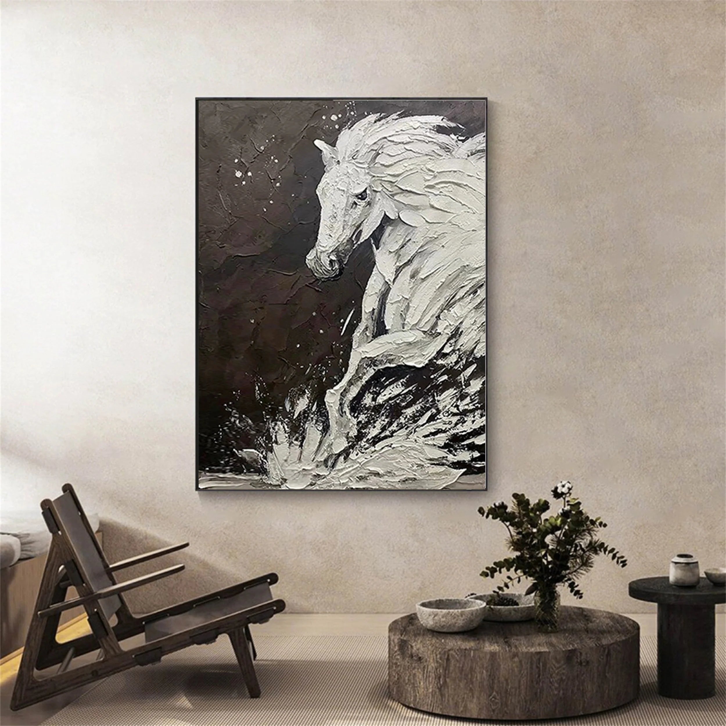 White And Black Horse Abstract Animal Wall Art #AM041