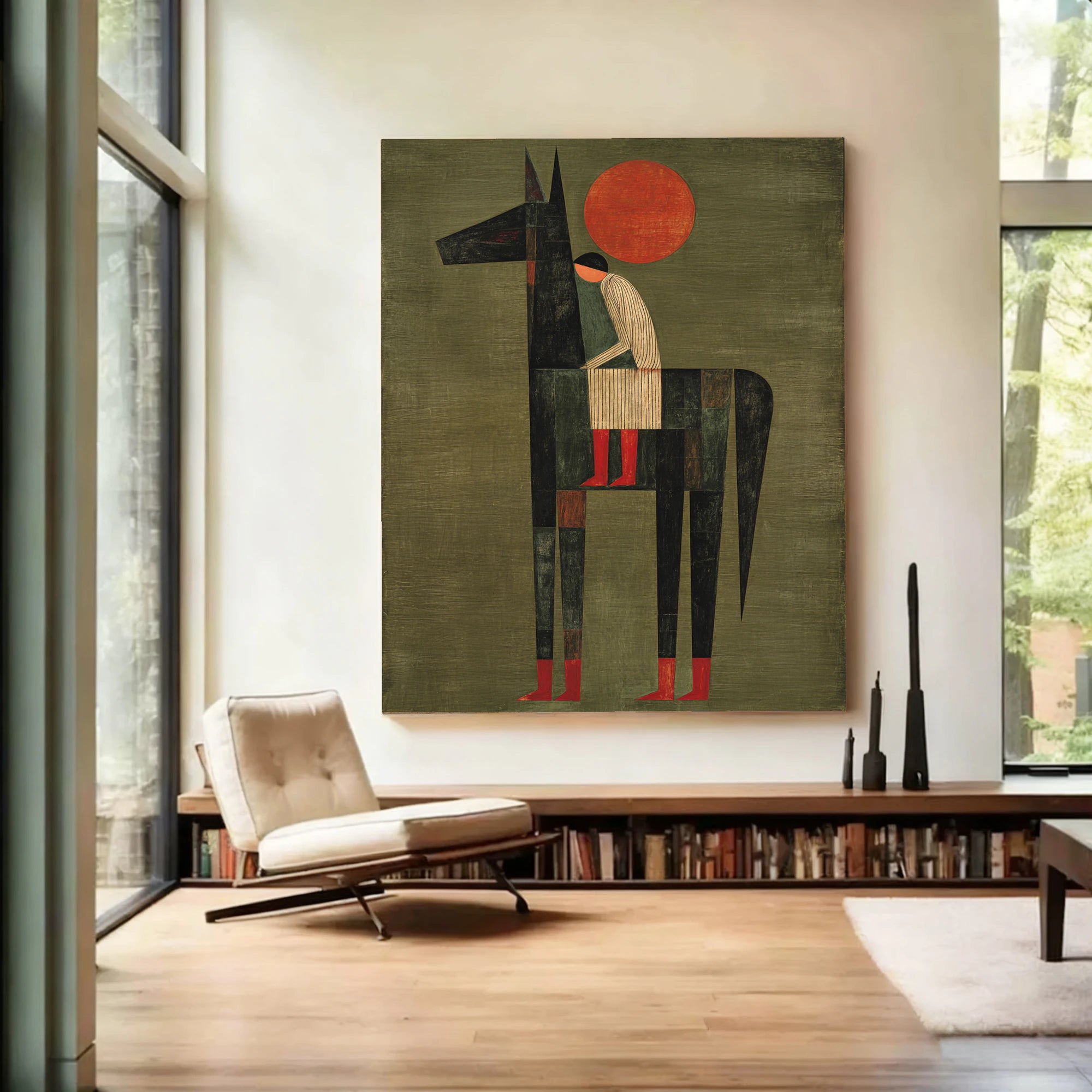 Abstract Horse Rider Oil Painting, Green & Red Wall Art #WA524