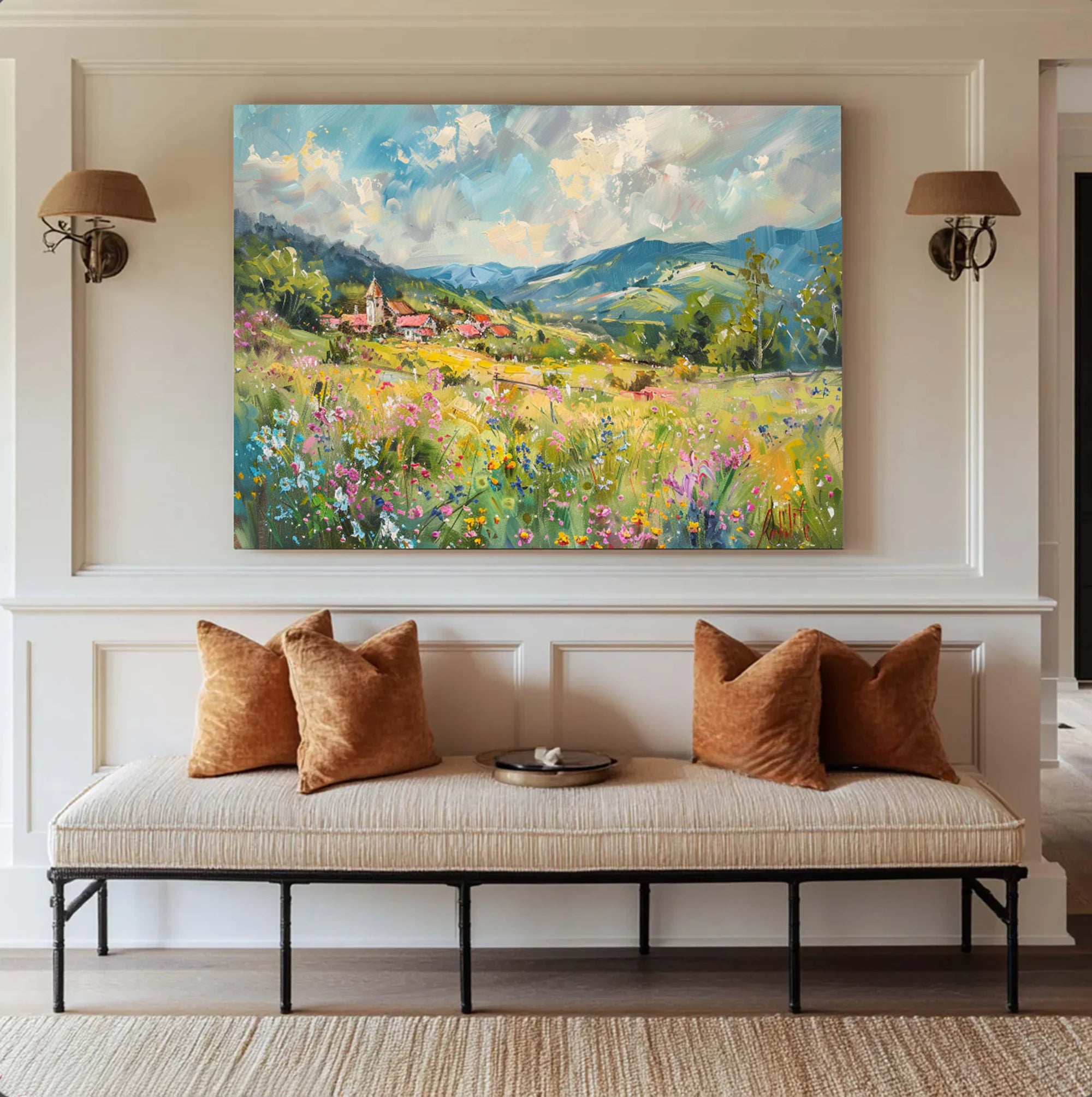 Wildflower Meadow Village Oil Painting #FT589