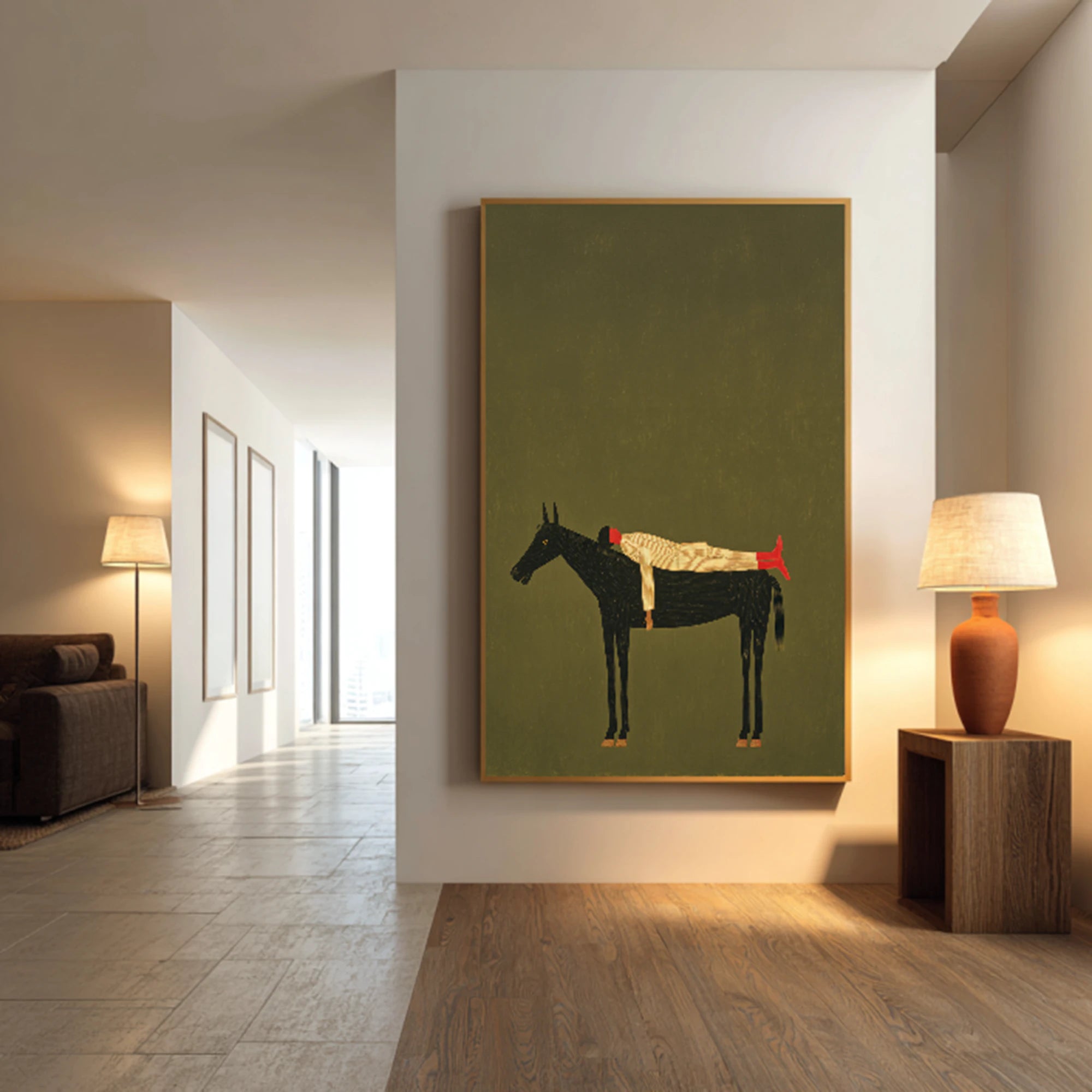 Hand-Painted Minimalist Horse and Rider Wall Art, Olive Green Canvas Painting #WA534