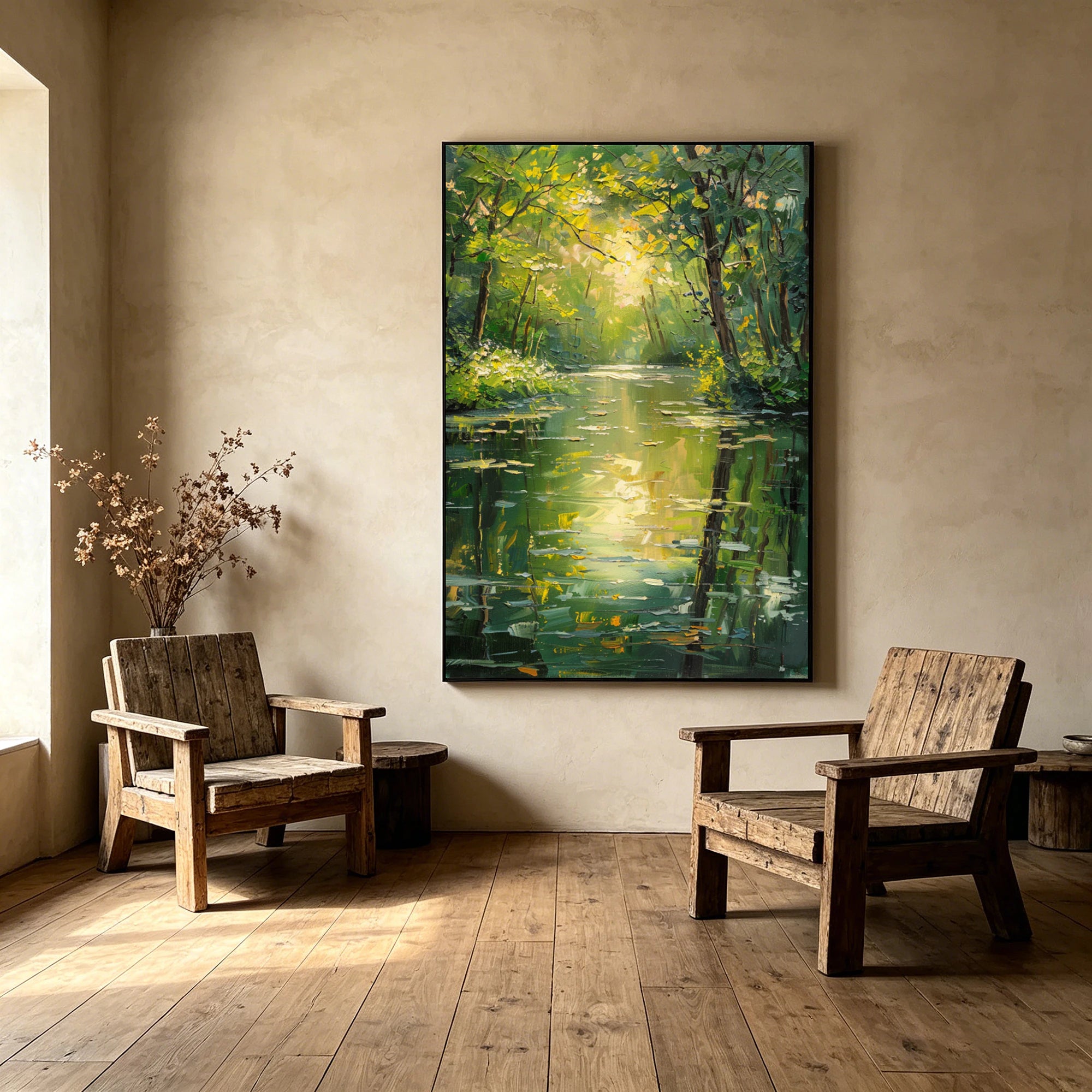 Hand-Painted Green Forest River Oil Painting #FJ597