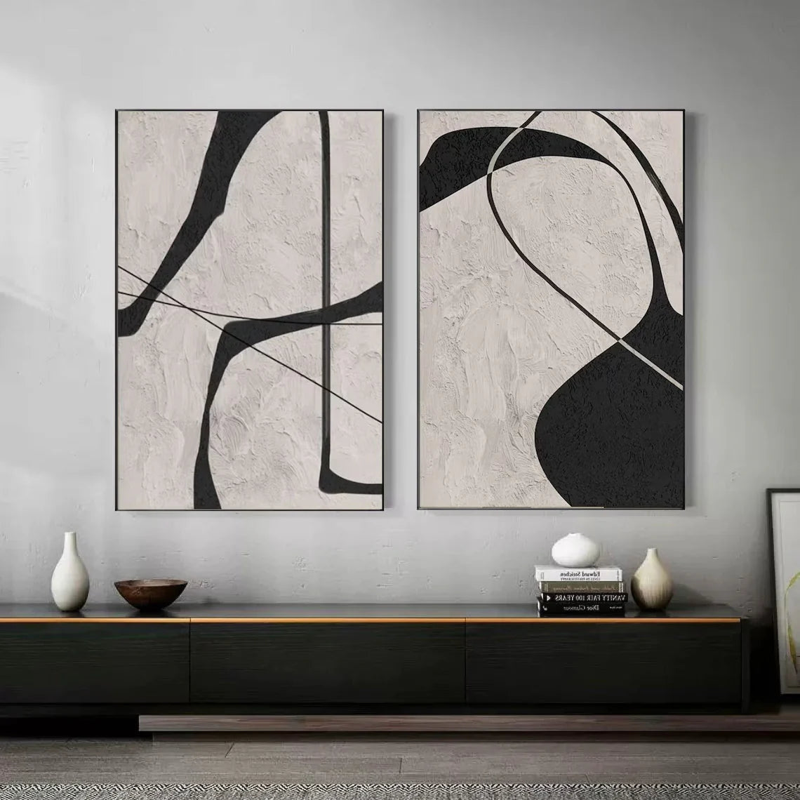 Beige & Black Abstract Textured Painting Set of 2 #WA110