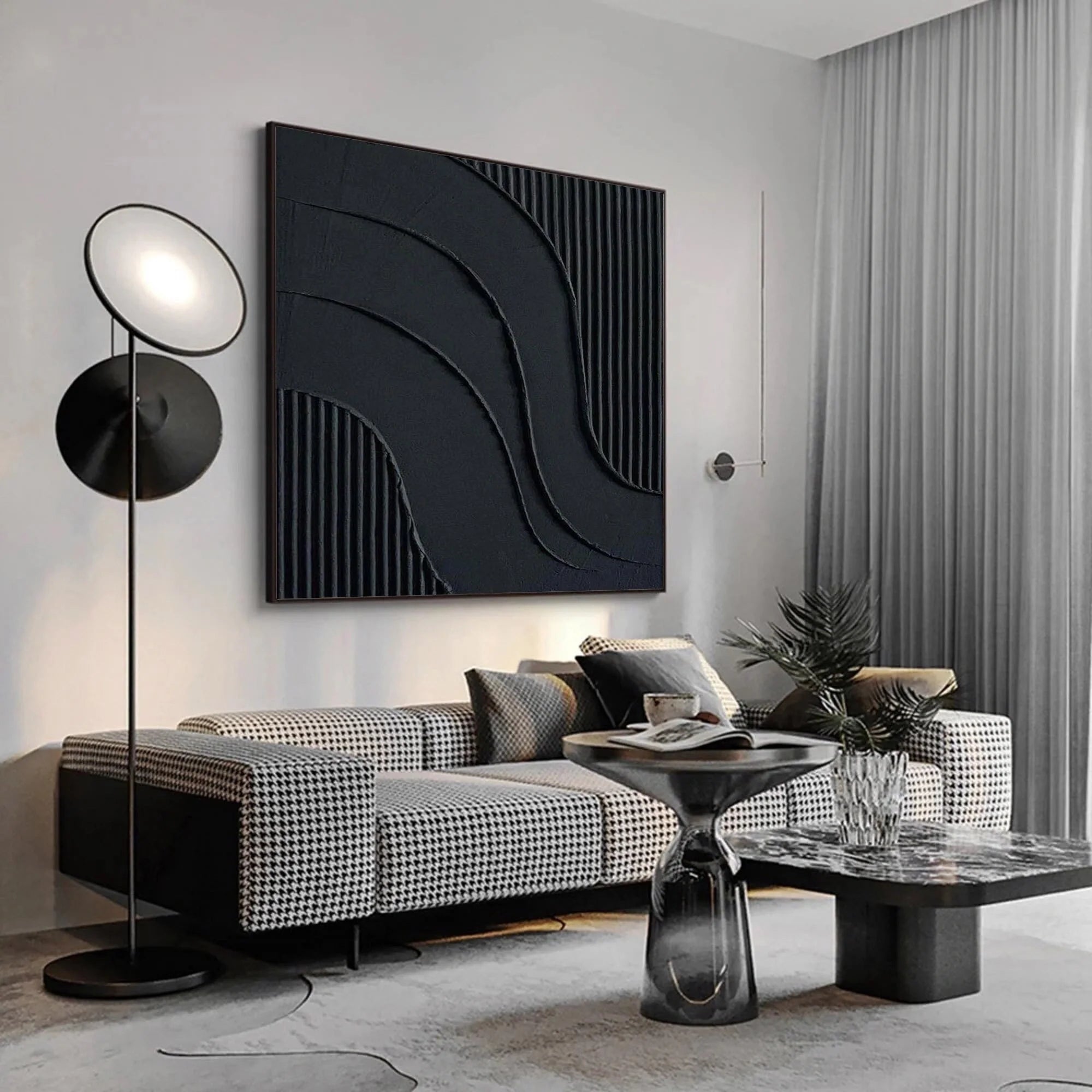 Black Minimalist Painting Original 3D Textired Wall Art Framed Canvas