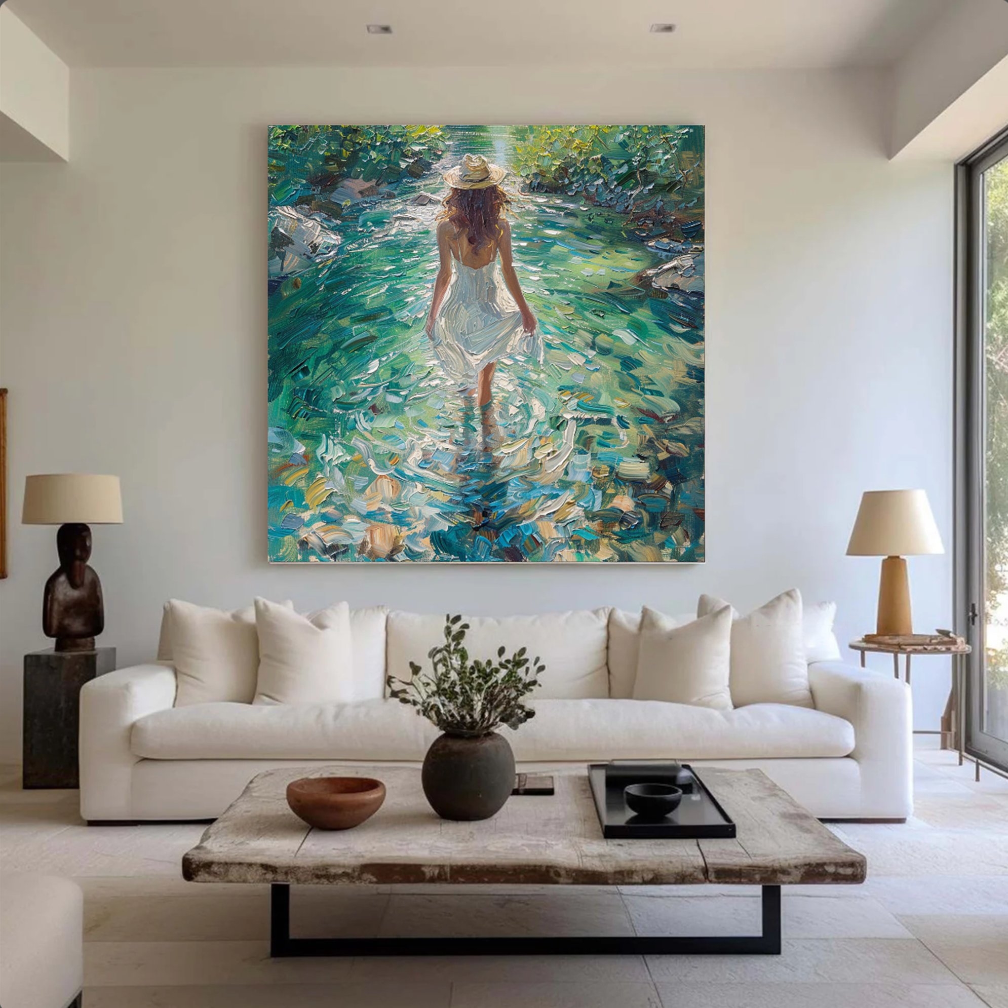 Impressionist Woman in Stream Hand Painted Oil Painting #FT345