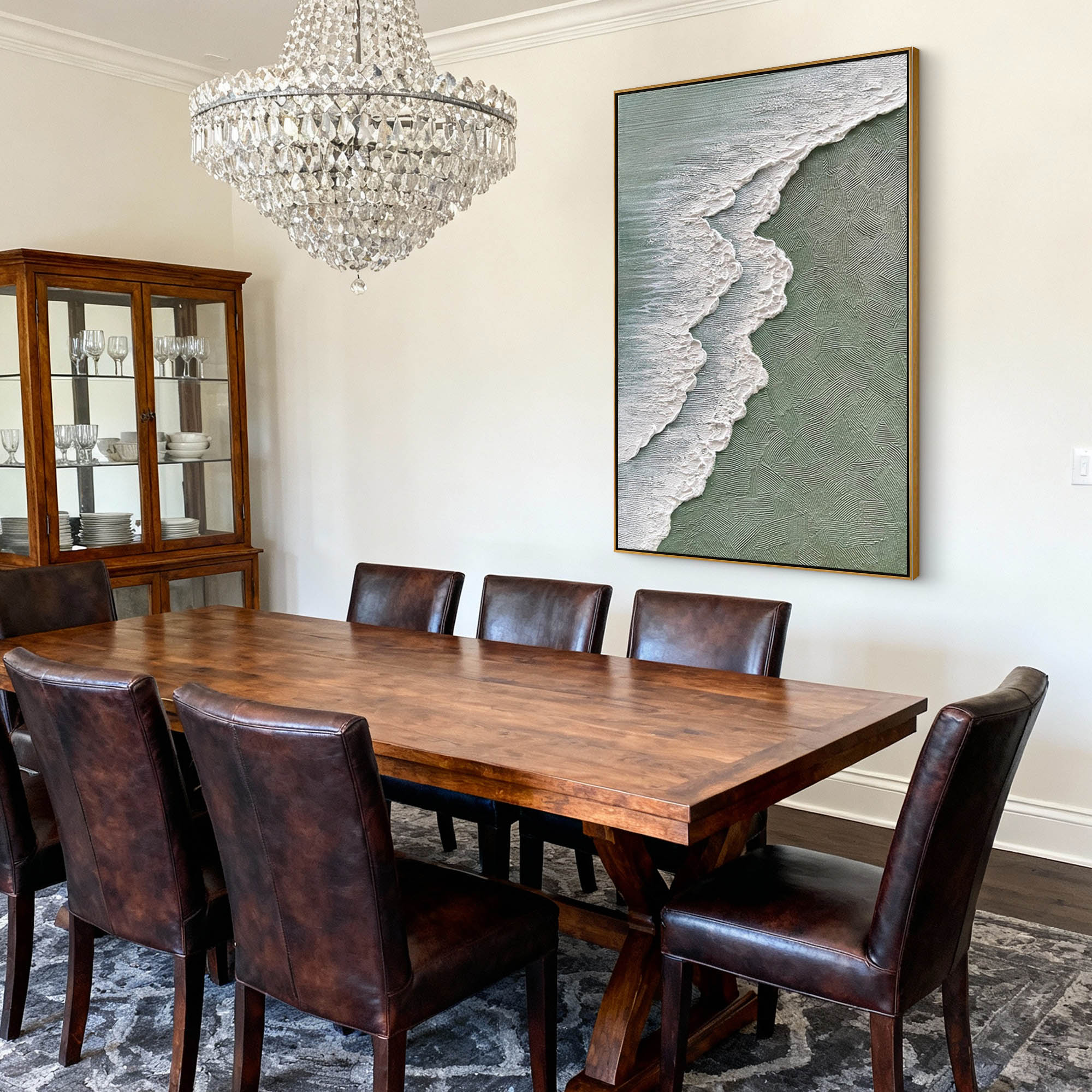 Hand-Painted Sage Green Ocean Wave Textured Canvas Wall Art #MD144