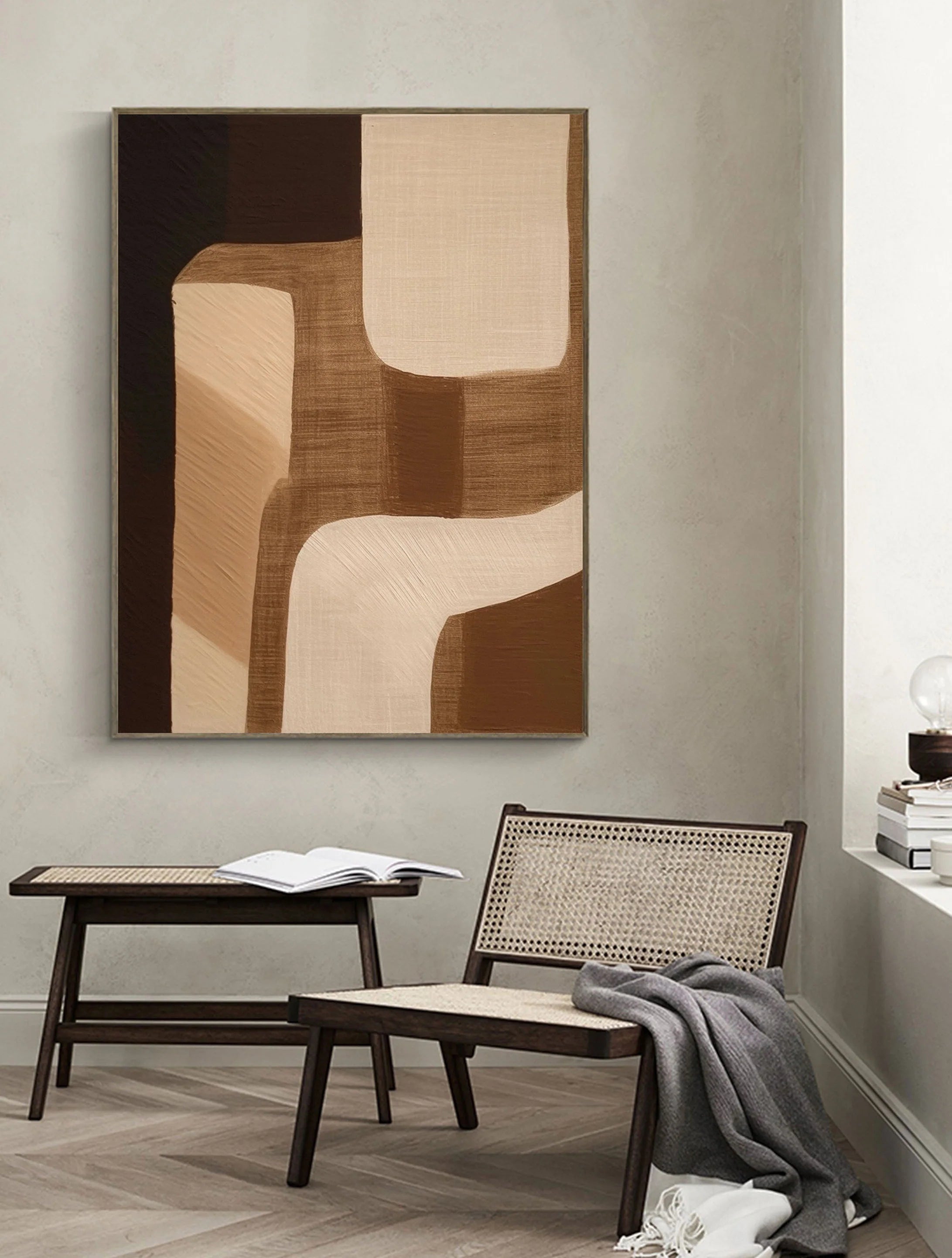 Eleanos Gallery Geometric Wabi Sabi Abstract Textured Painting, Tan and Brown Wall Artwork