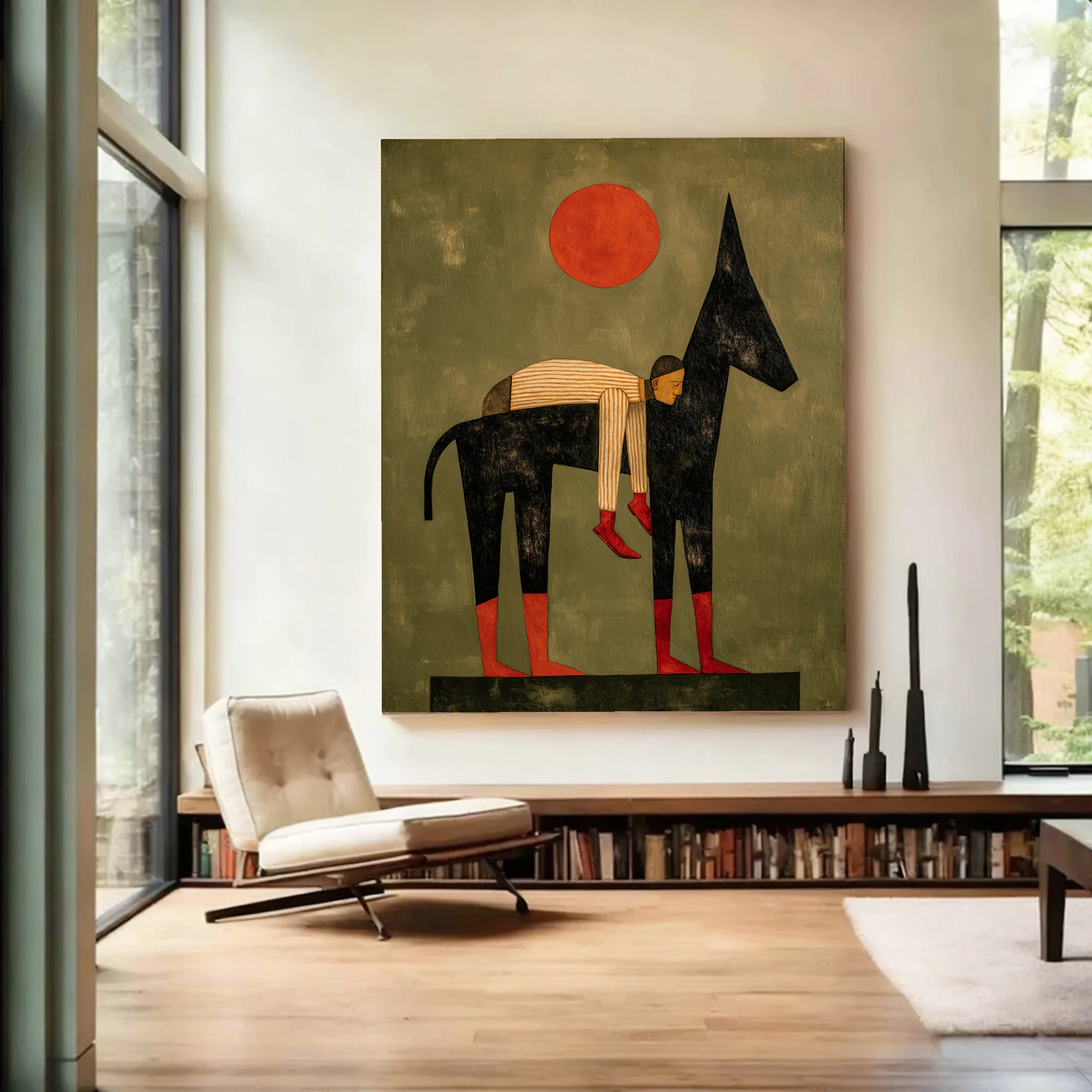 Abstract Man & Donkey Oil Painting, Earthy Tone Wall Art #WA535