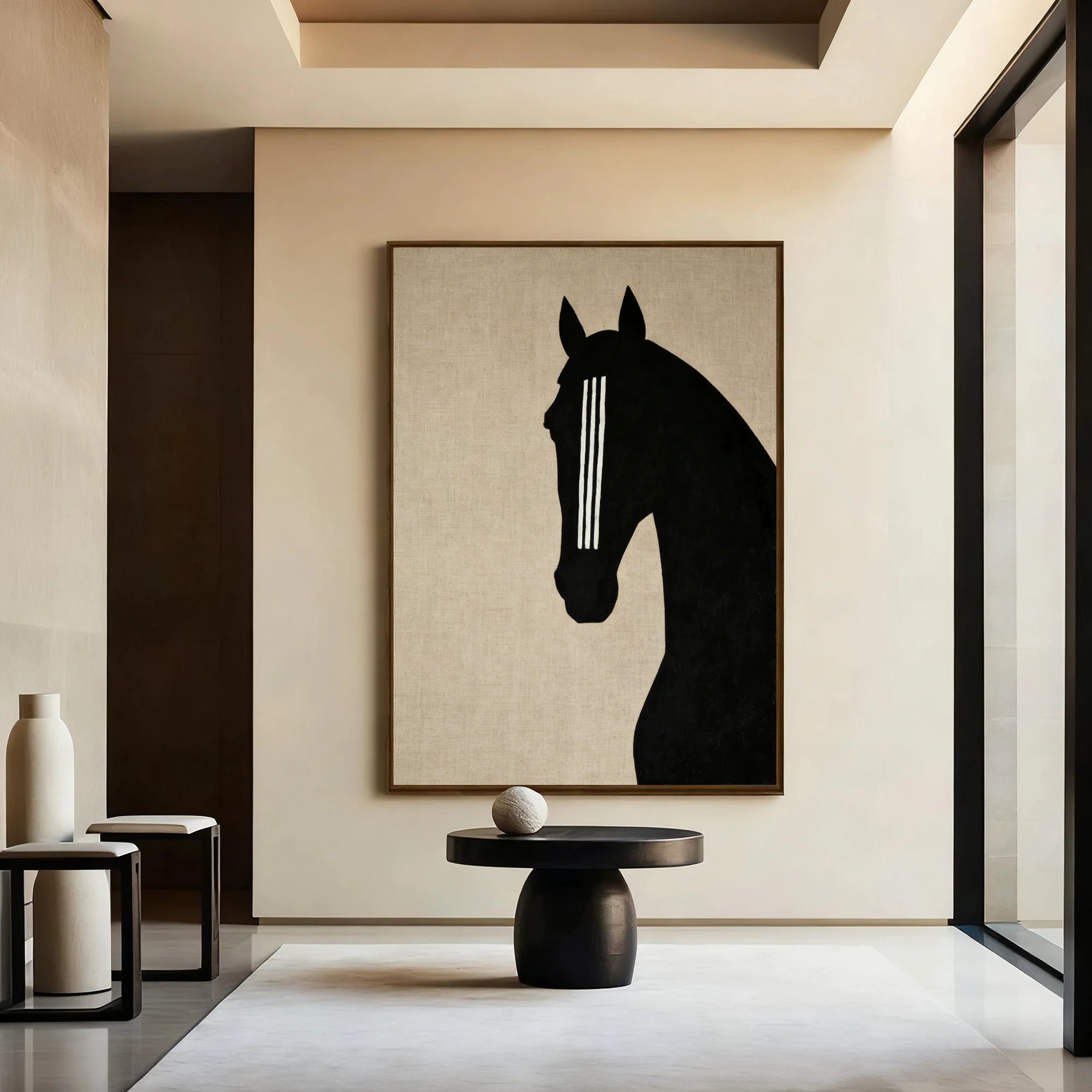 Minimalist Horse Head Hand-Painted Oil Painting | Wabi-Sabi Linen Texture Wall Art #WA511
