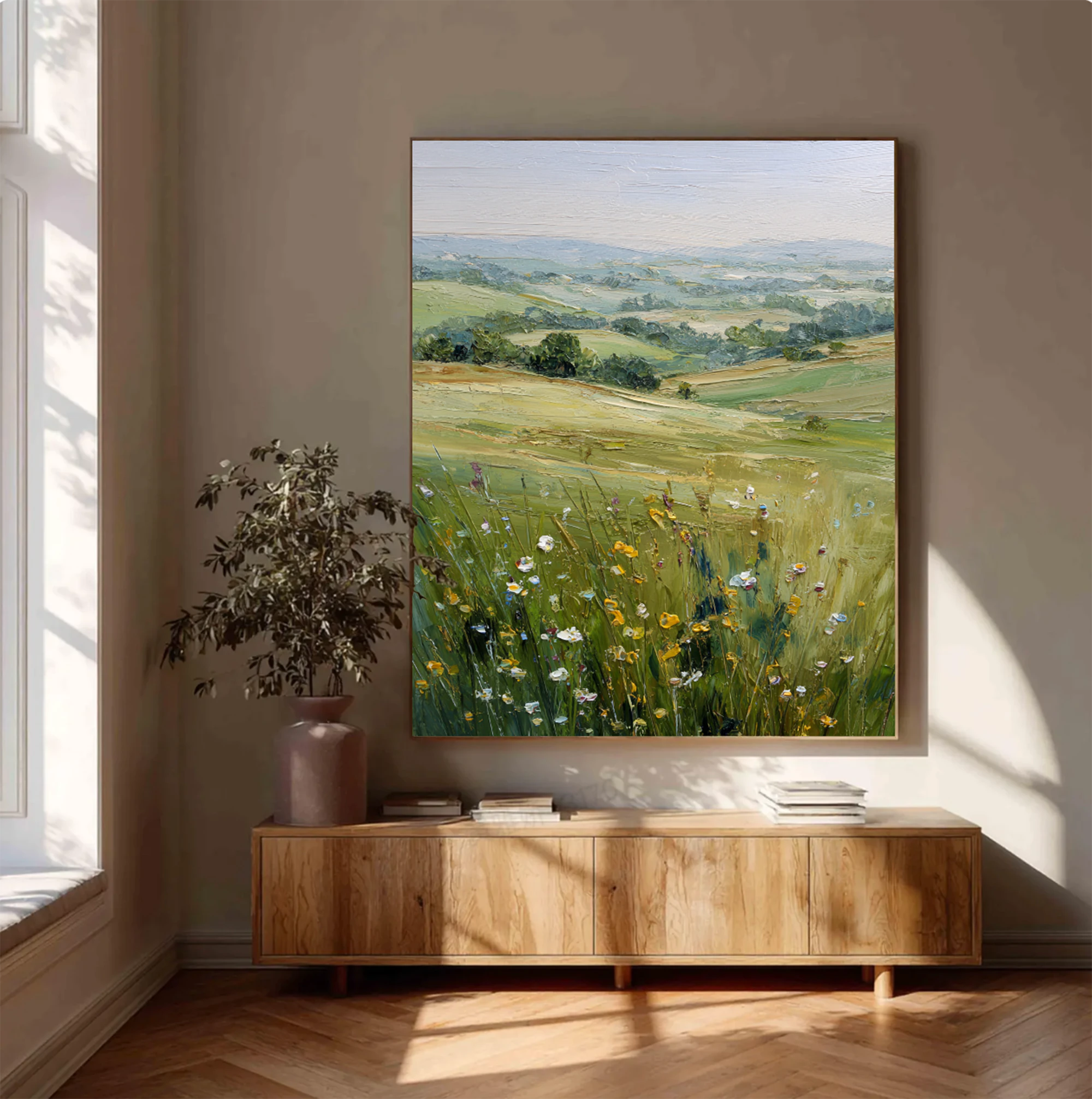 Hand-Painted Green Meadow Landscape Oil Painting #FT620