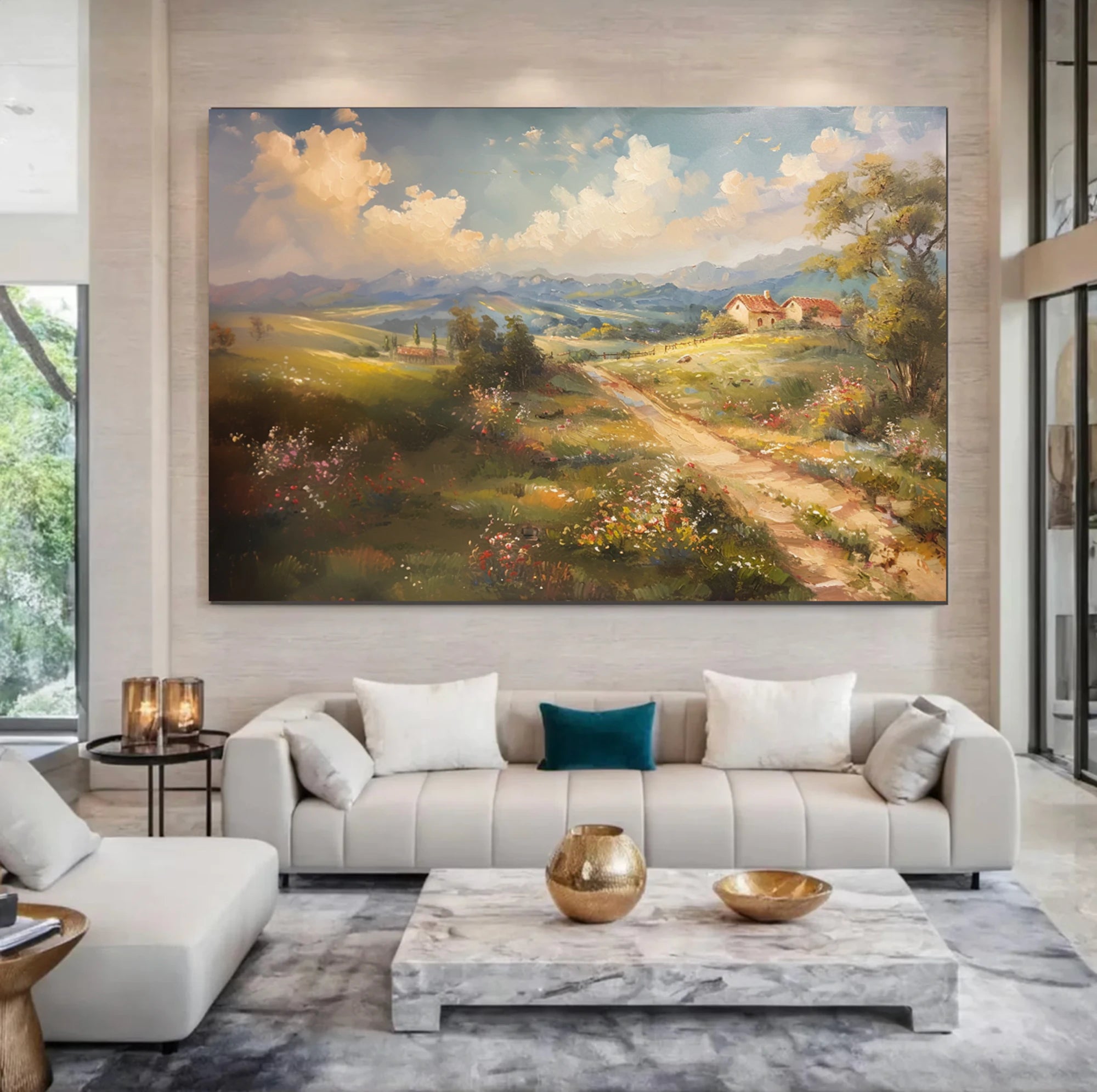 Vintage Tuscan Countryside Oil Painting, Soft Landscape Wall Art #FT597