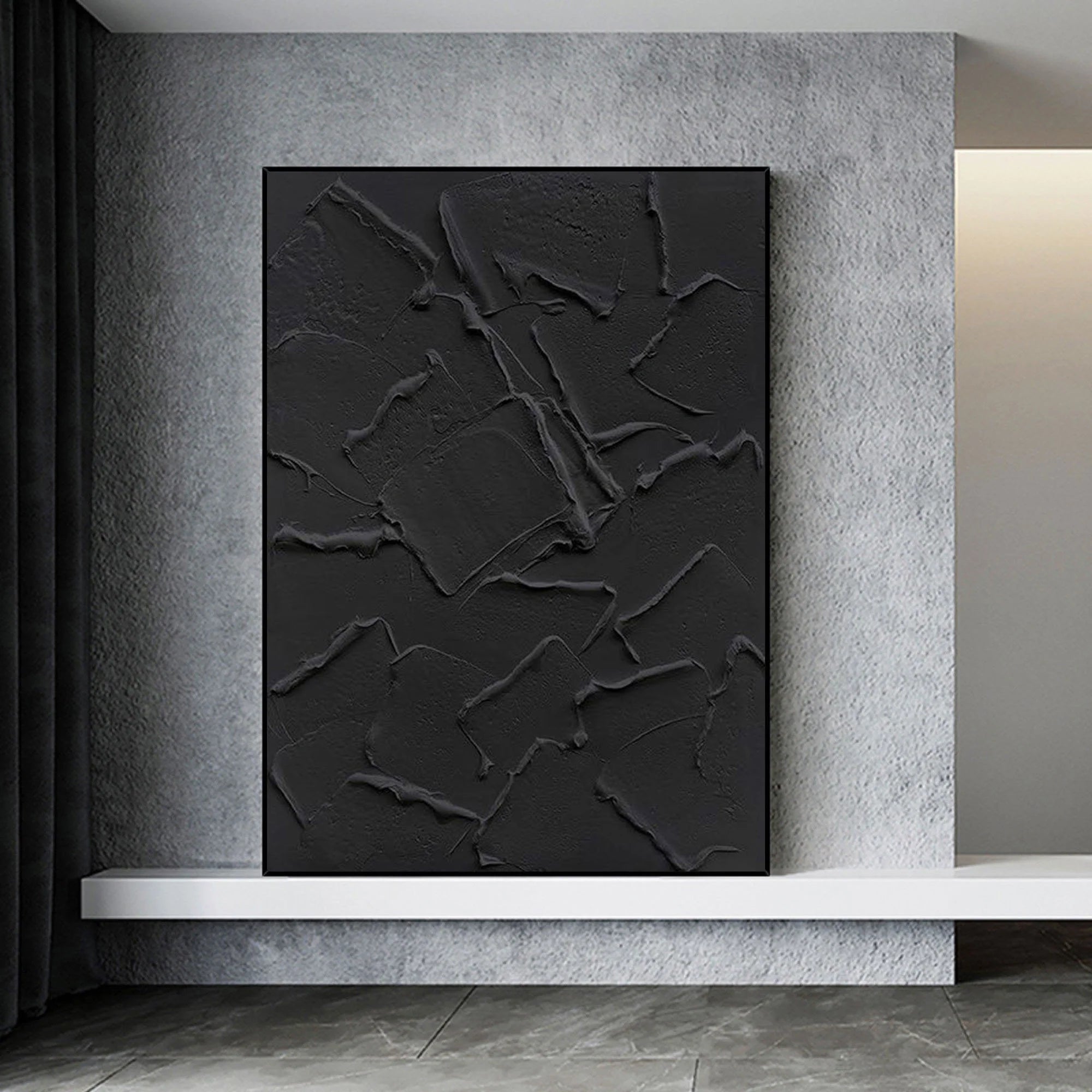 Black Textured Plaster Art Ocean Wave Minimalist Painting on Canvas