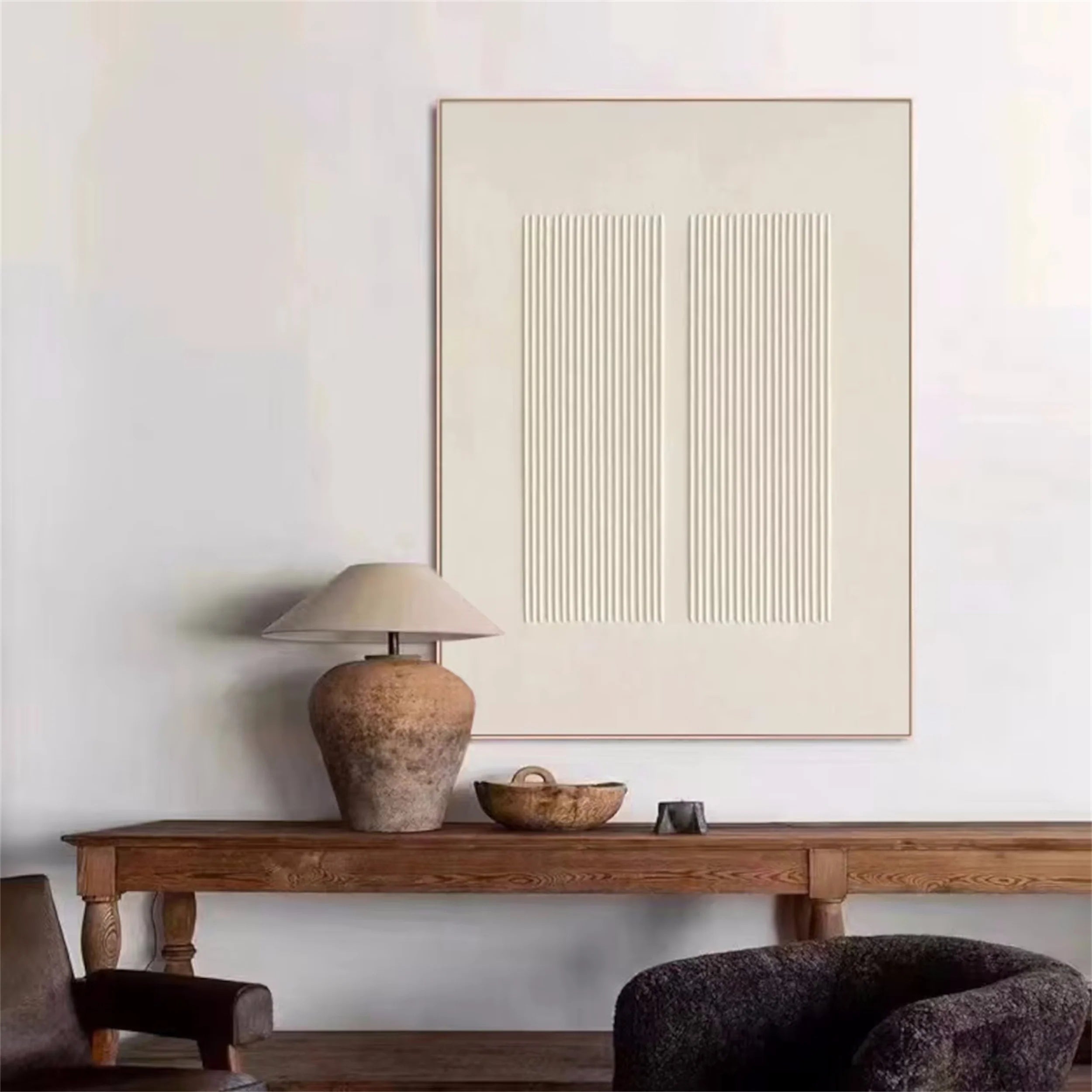 Hand-Painted Landscape Beige Plaster Art Framed Canvas Painting, Abstract Minimalist for Living Room