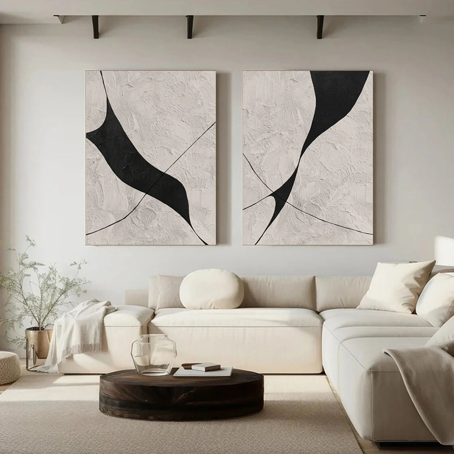 Beige & Black Abstract Textured Painting Set of 2 #WA462