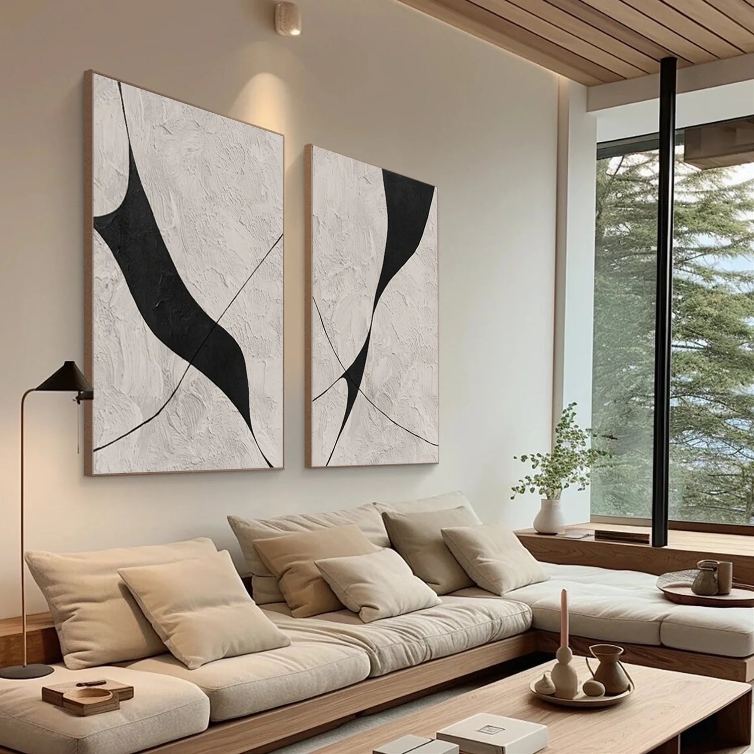 Beige & Black Abstract Textured Painting Set of 2 #WA462