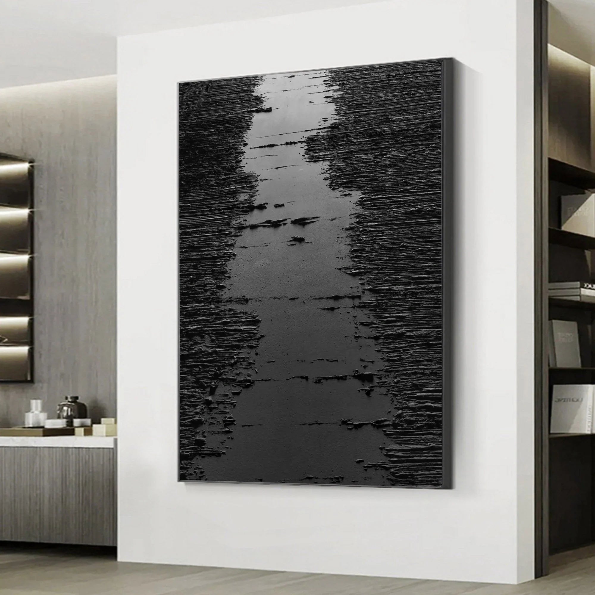 Black 3D Textured Minimalist River Canvas Wall Artwork Decor for Room