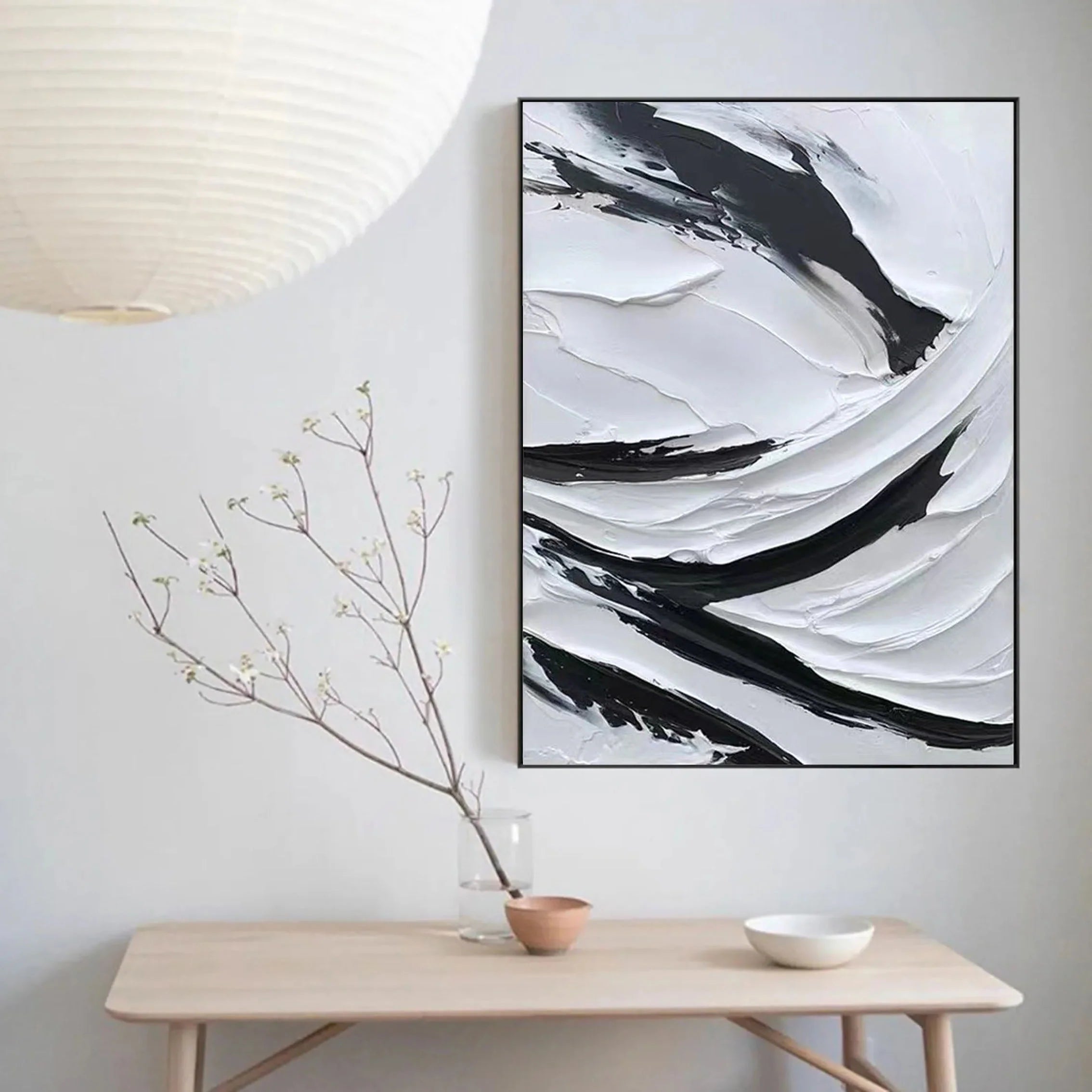 Black and White Plaster Art Textured Painting on Canvas Wall Decor