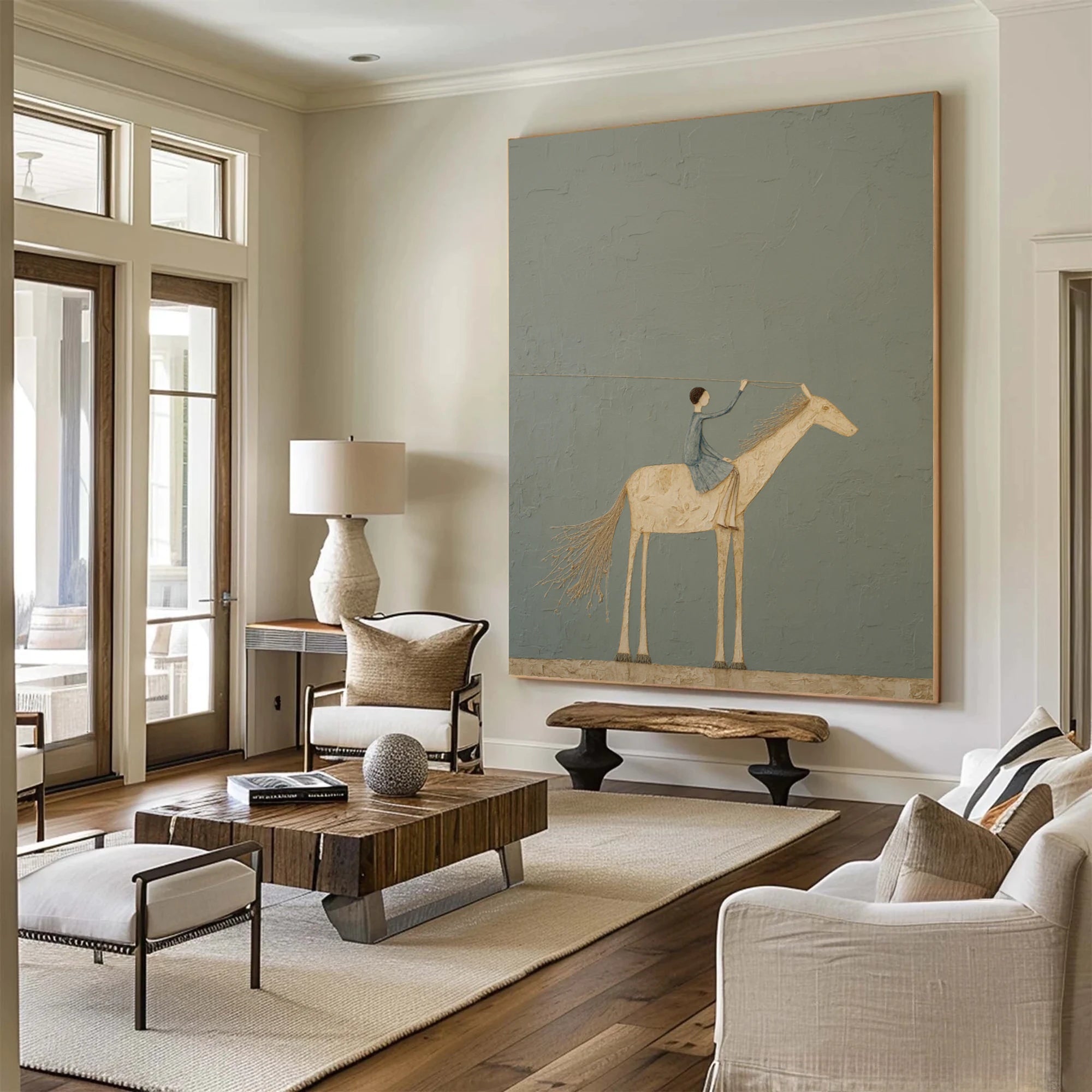 Minimalist Hand-Painted Horse Rider Oil Painting, Neutral Wall Art #WA533