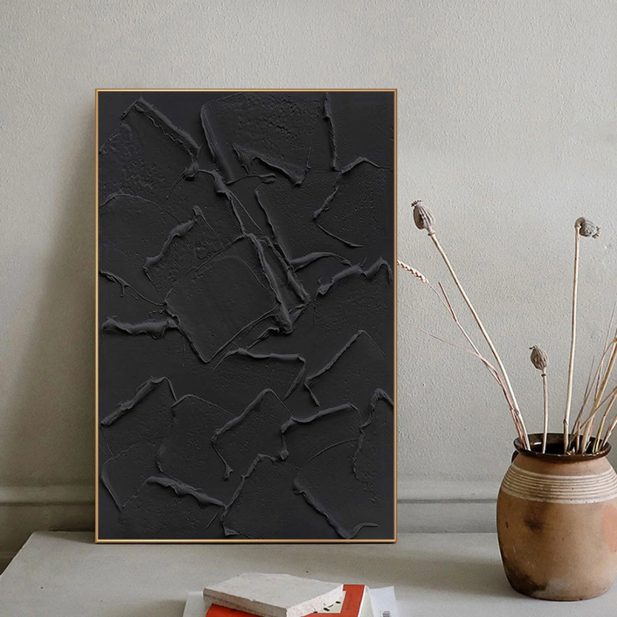 Black Textured Plaster Art Ocean Wave Minimalist Painting on Canvas