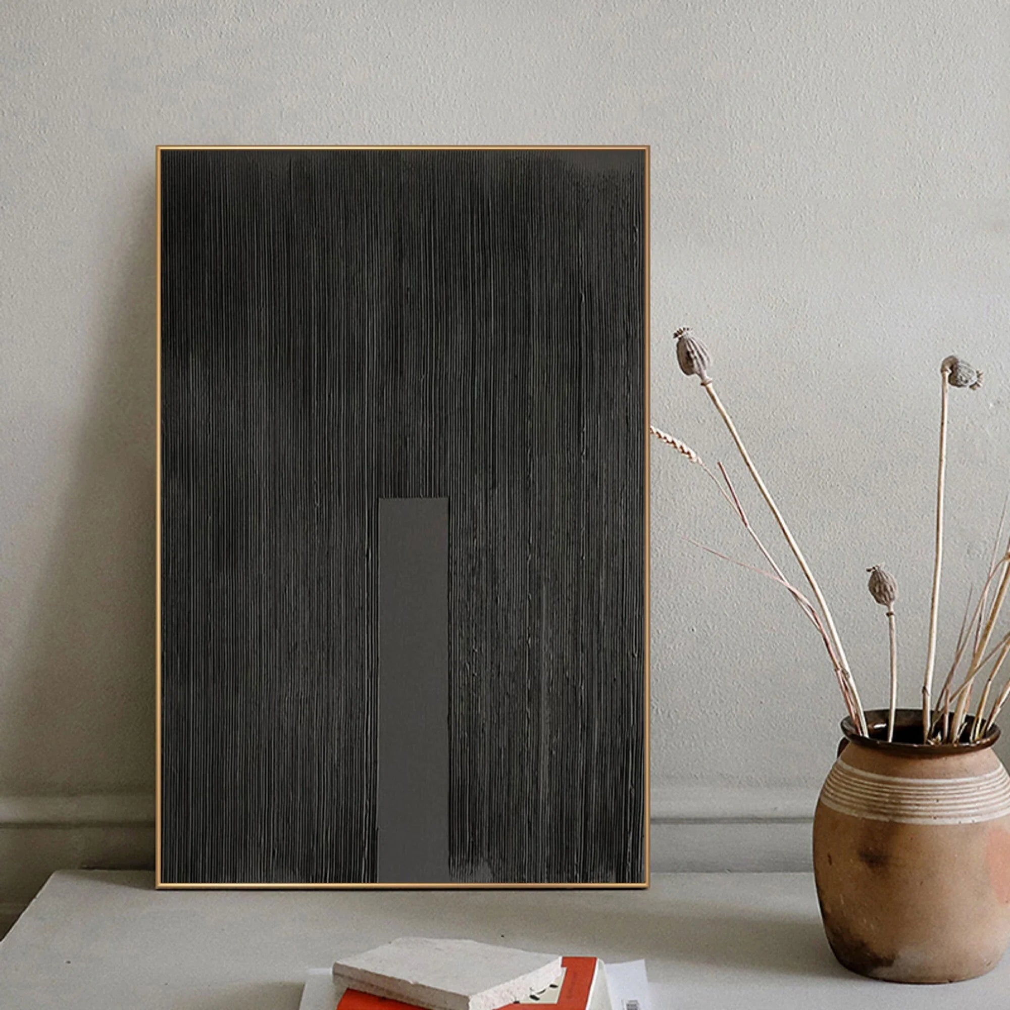 Black Textured Minimalist Zen Canvas Wall Artwork for Bedroom/Living Room