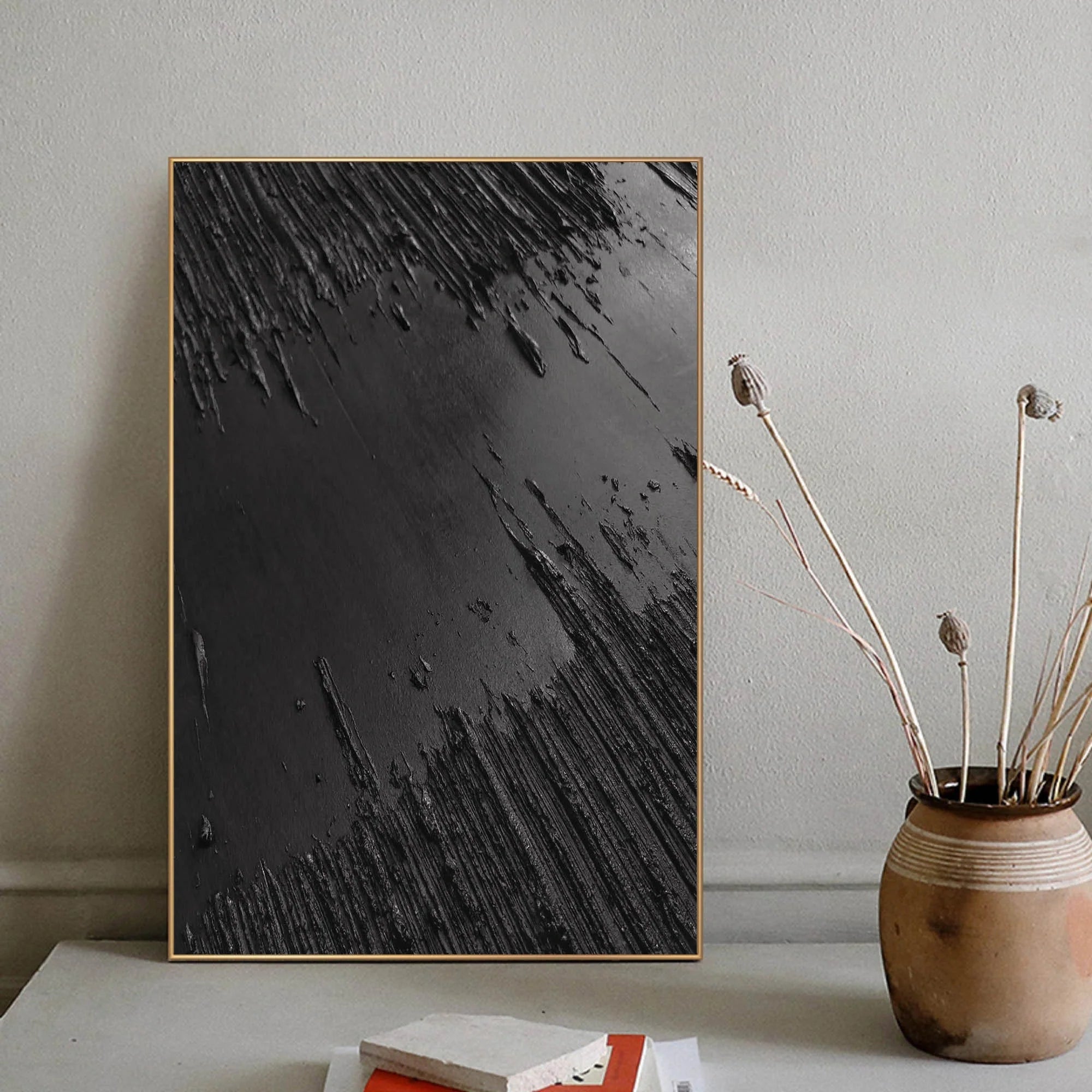 3D Textured Minimalist River Painting Total Black Canvas Wall Decor