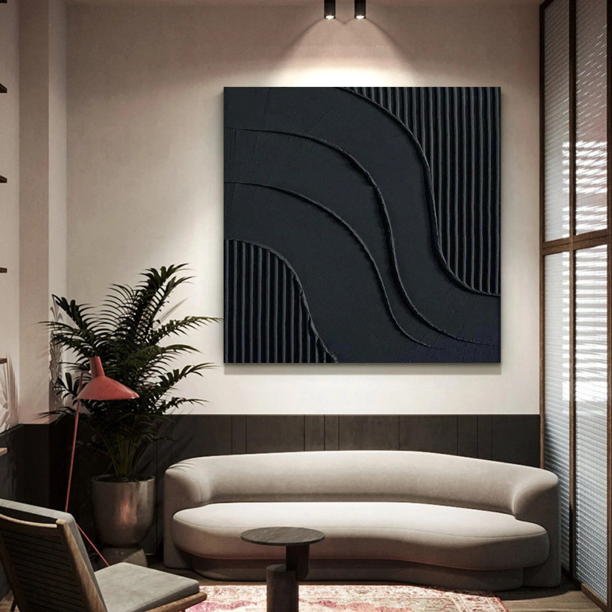Black Minimalist Painting Original 3D Textired Wall Art Framed Canvas