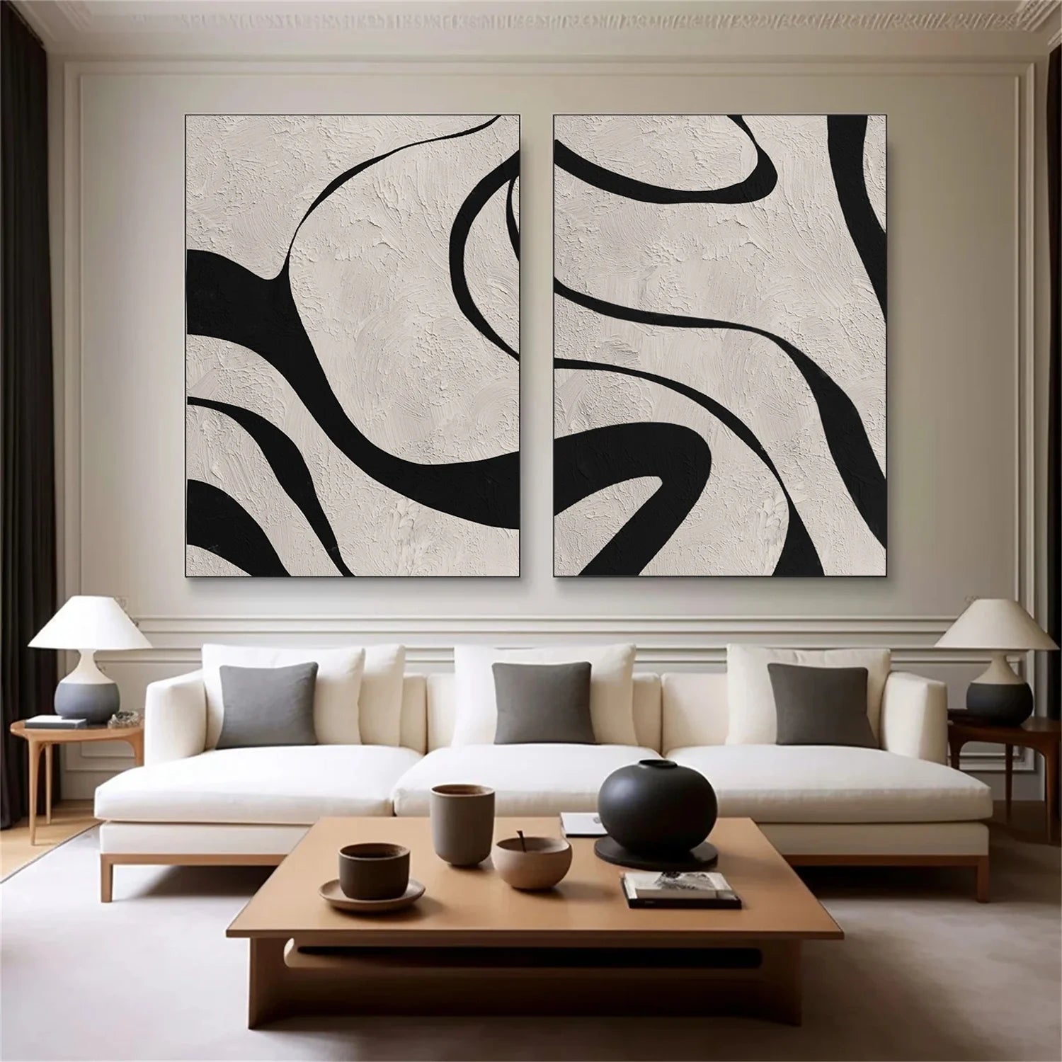 Beige & Black Abstract Textured Painting Set of 2 #WA463