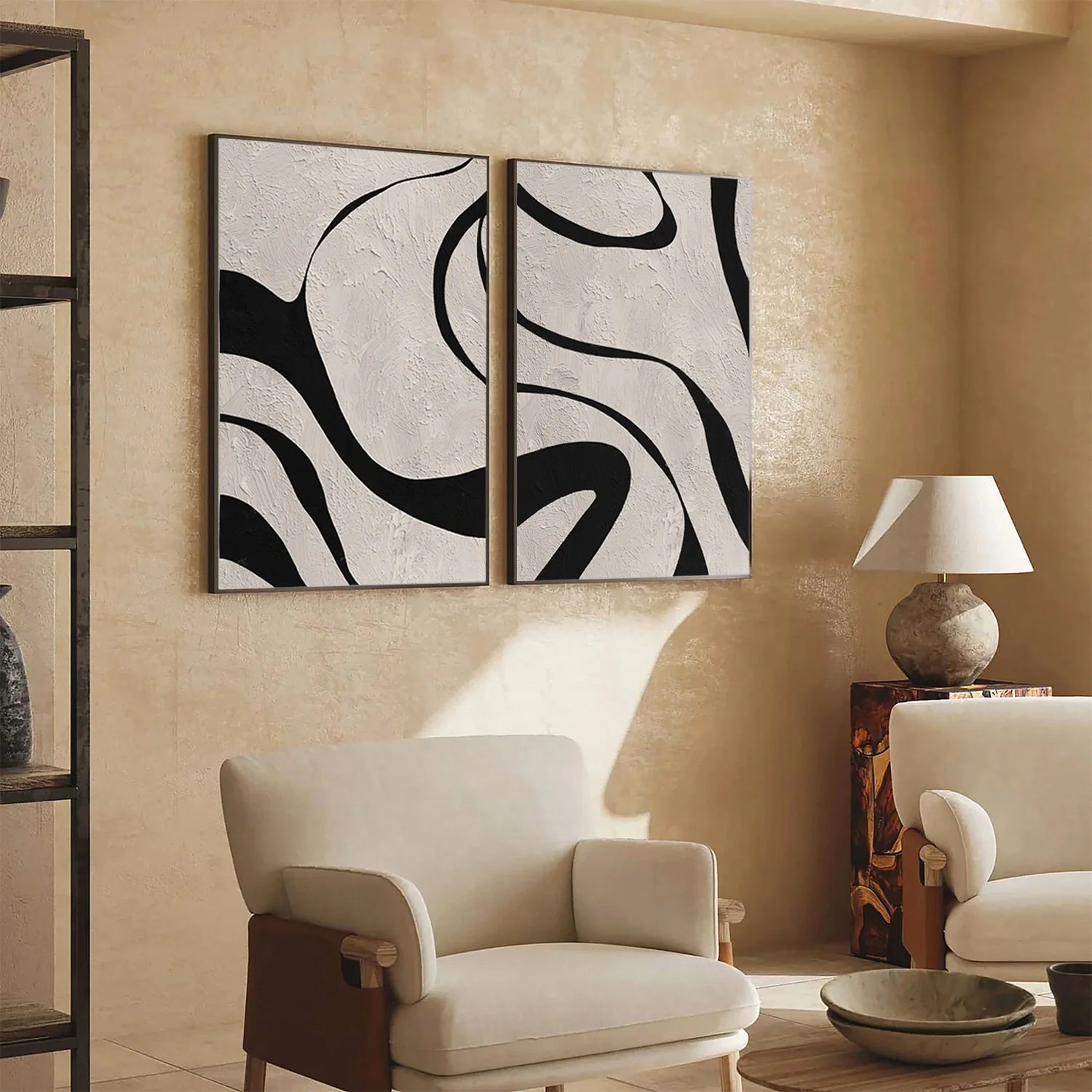 Beige & Black Abstract Textured Painting Set of 2 #WA463