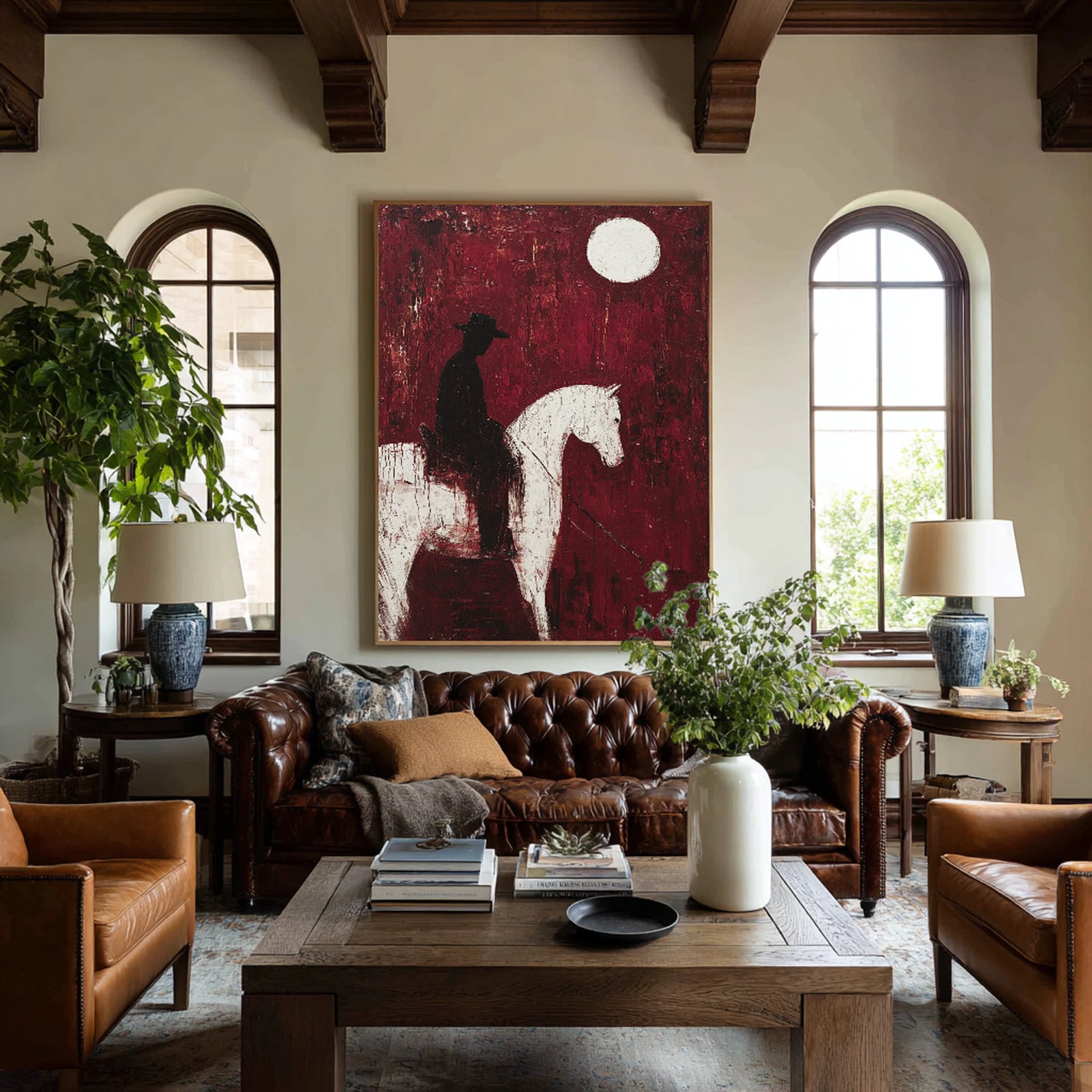 Original Red Abstract Horse Rider Oil Painting #WA531