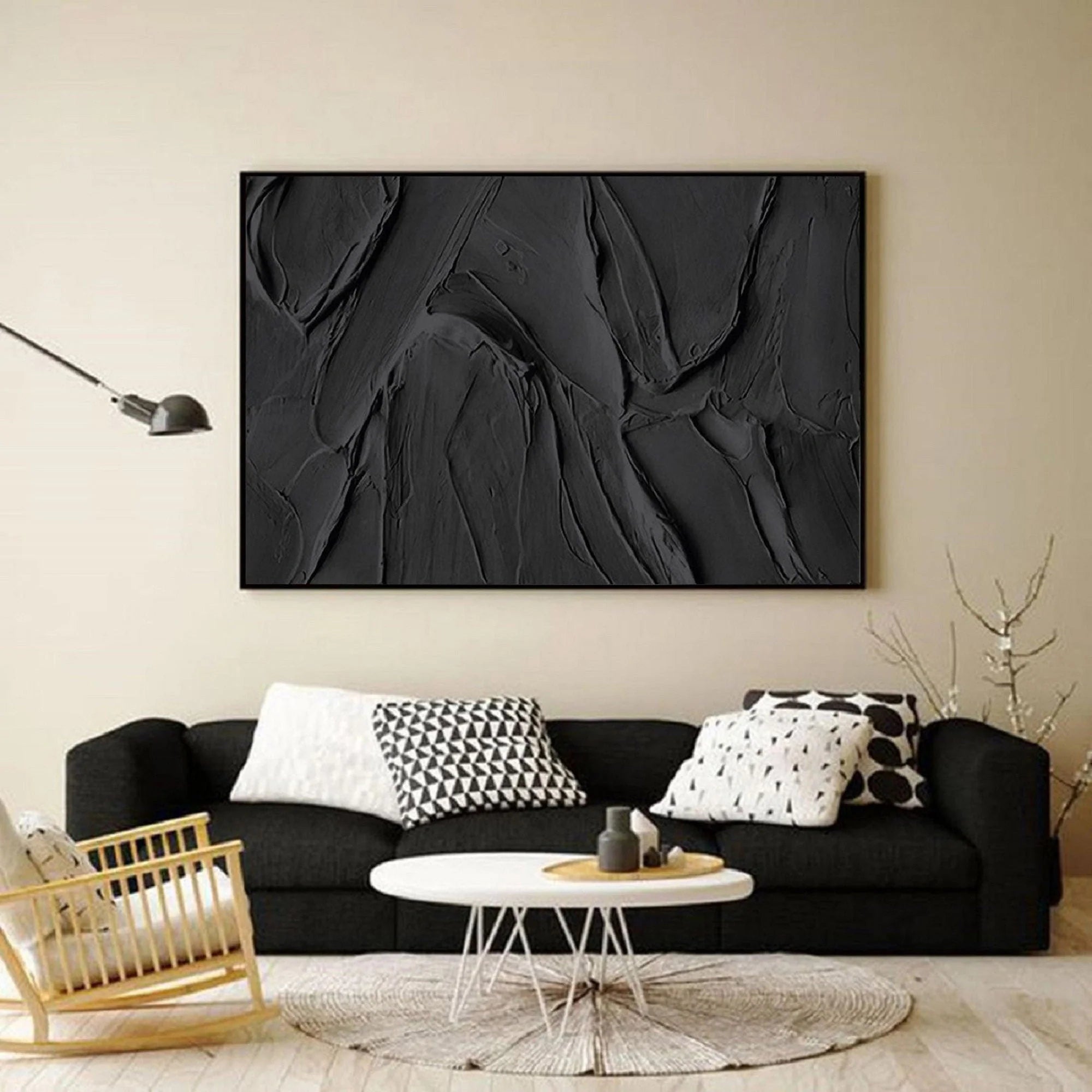 Black 3D Textured Plaster Minimalist Painting on Canvas, Handmade Wall Art