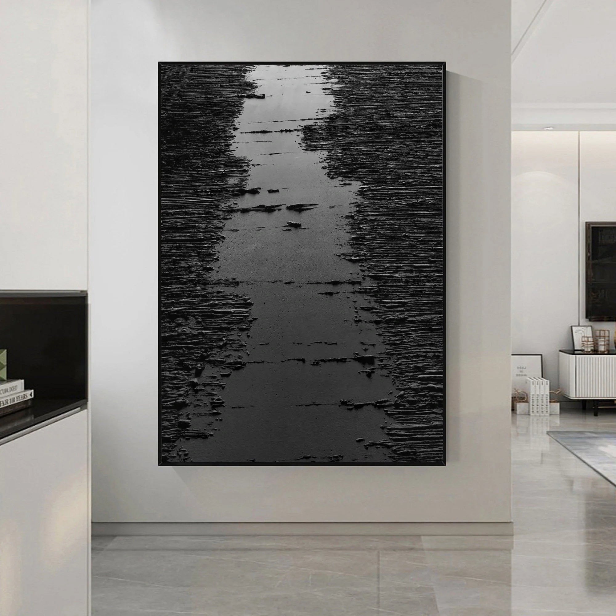 Black 3D Textured Minimalist River Canvas Wall Artwork Decor for Room