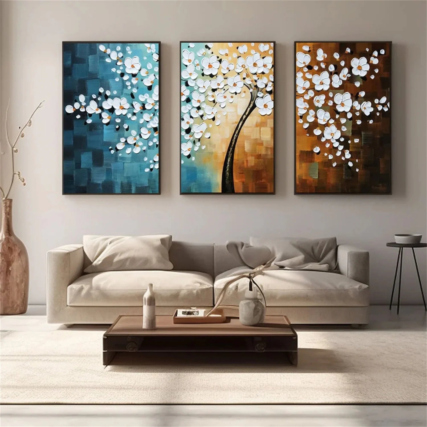 Colorful Flower & Tree Abstract Textured Wall Art Set of 3 #FT051