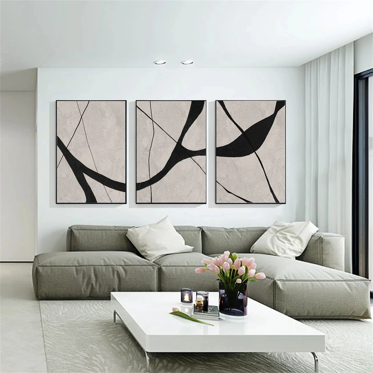 Beige & Black Abstract Textured Painting Set of 3 #WA465
