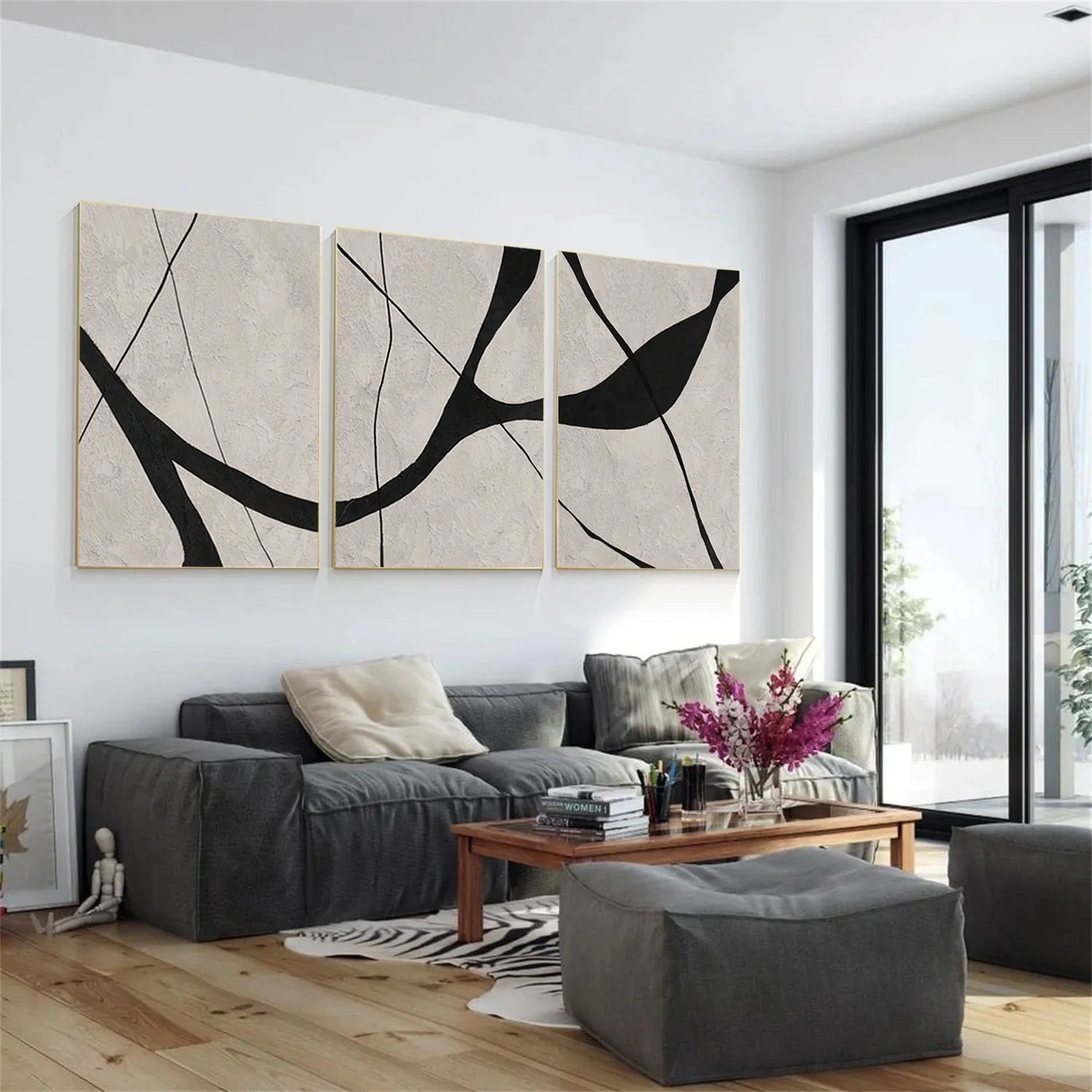 Beige & Black Abstract Textured Painting Set of 3 #WA465