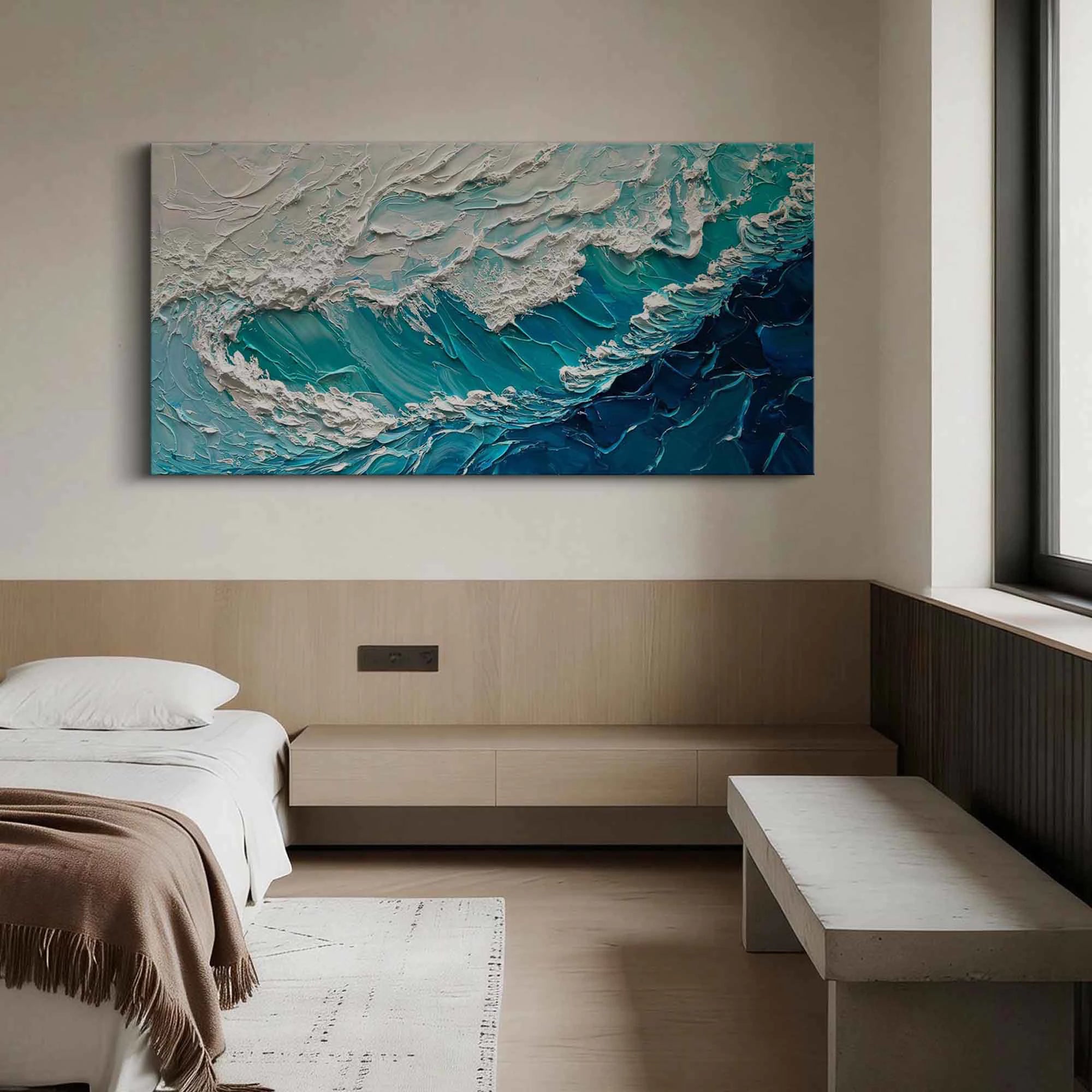 Modern Teal Blue Ocean Wave Texture Painting #SK50