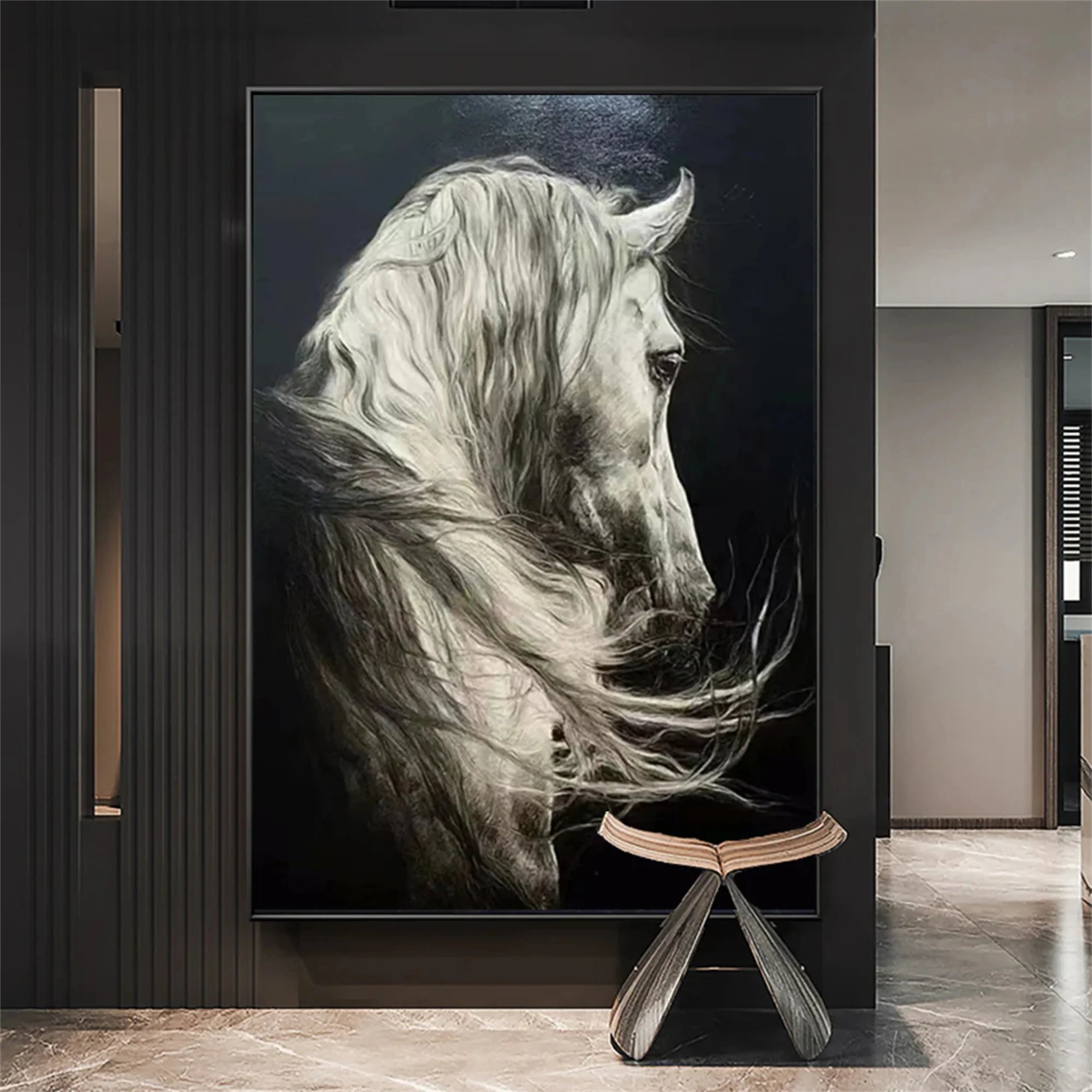 White And Black Horse Abstract Animal Wall Art #AM050