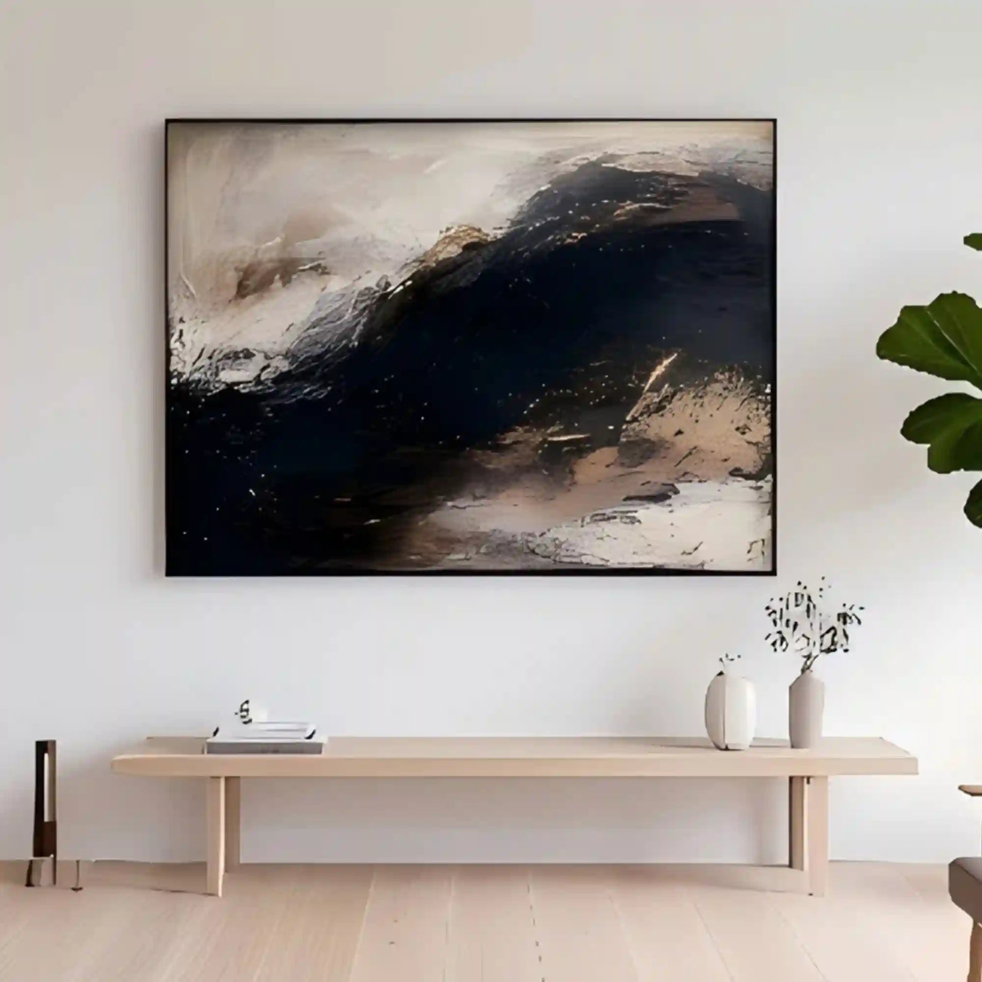 Moody Gold Textured Wall Art for Living Room, Black Brown Wabi Sabi Abstract Landscape Painting