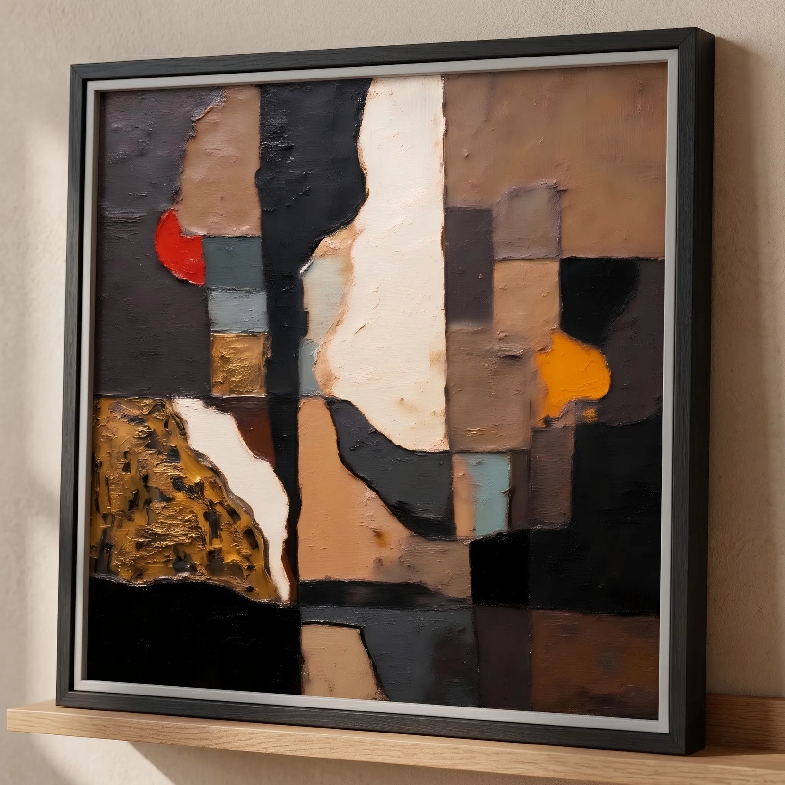 Earthy Textured Wall Art for Living Room, Brown Black Wabi Sabi Abstract Geometric Painting