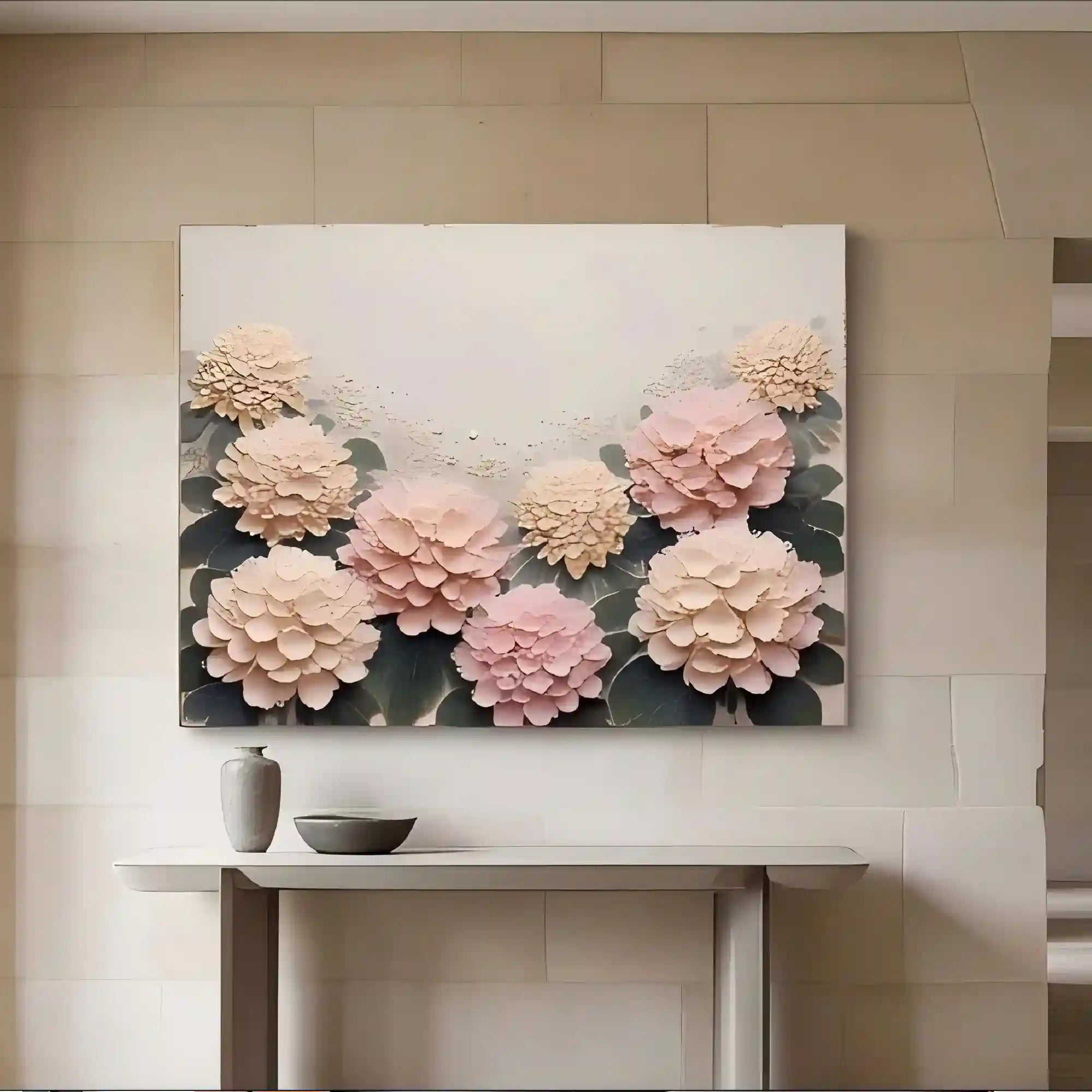 Soft Floral Textured Wall Art for Living Room, Blush Pink Cream Botanical Painting #VUPDR01S
