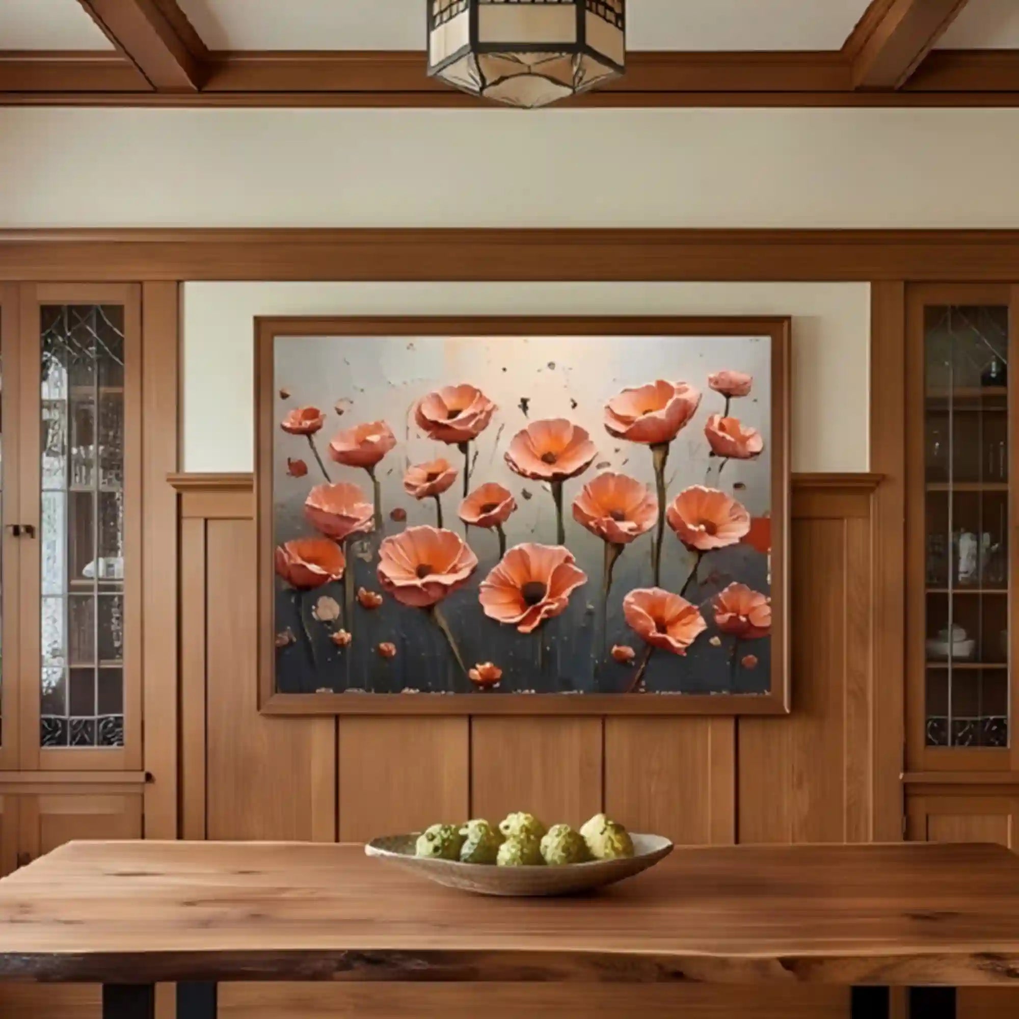 Warm Poppy Floral Textured Wall Art for Living Room, Orange Blue Vintage Botanical Painting #L5KTKGZX