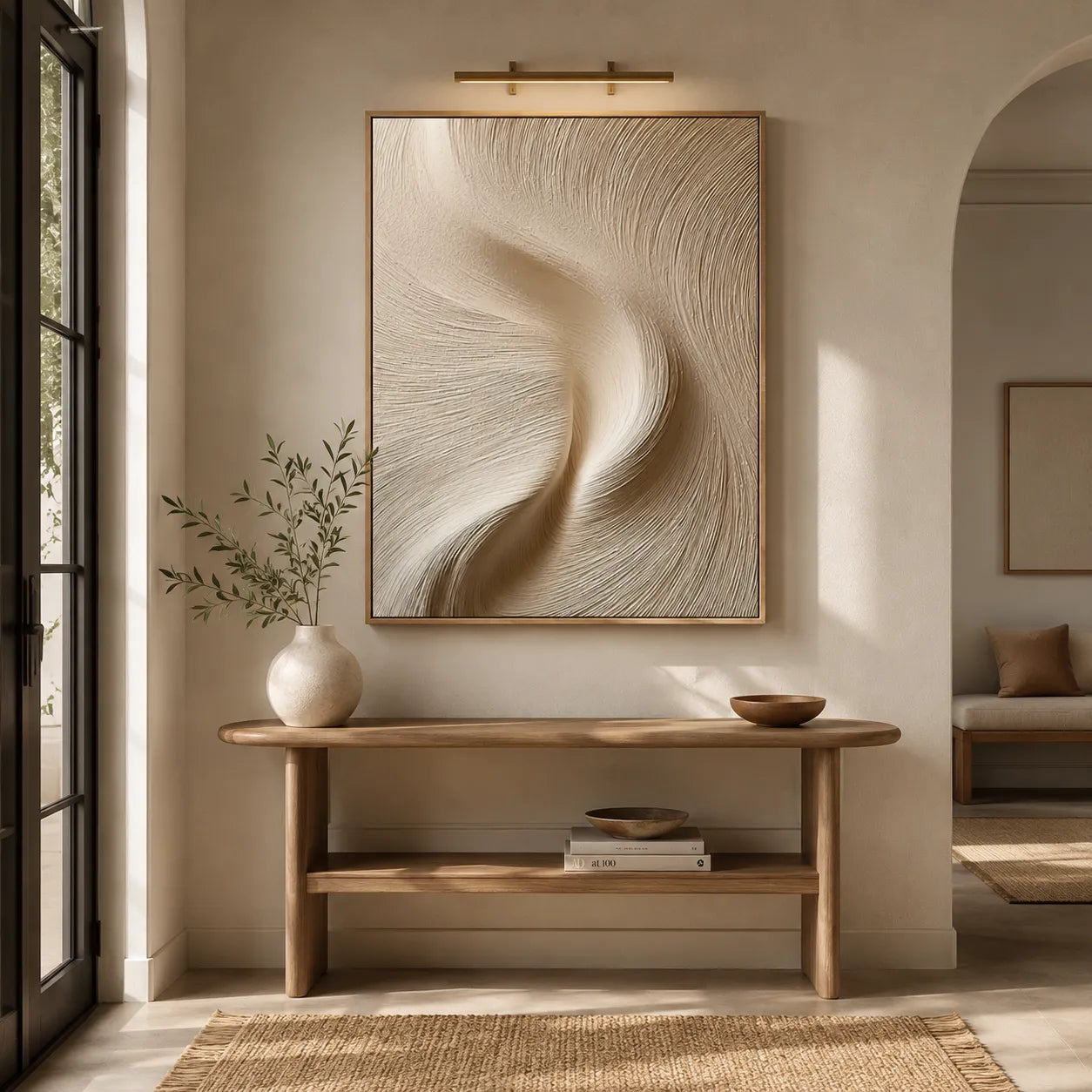 Warm Neutral Textured Abstract Wall Art with Flowing Lines for Living Room