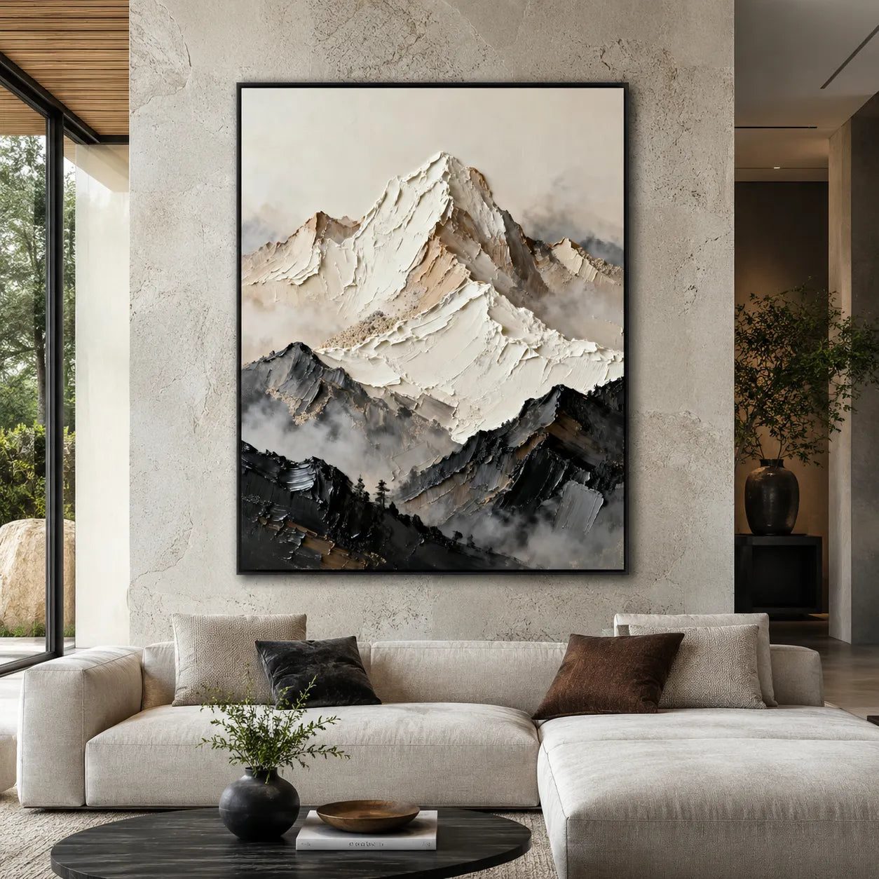 Textured Abstract Mountain Wall Art in Ivory, Taupe & Charcoal for Living Room